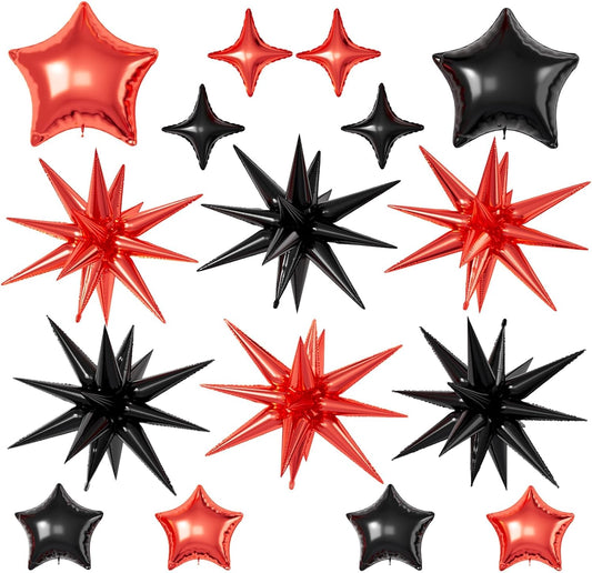 16 Pcs Red Black Star Balloons, 22/18/10 Inch Foil Balloons, Explosion Conee Four-Pointed Balloon for Kids Birthday Graduation Prom Wedding Baby Shower Casino Party Decorations