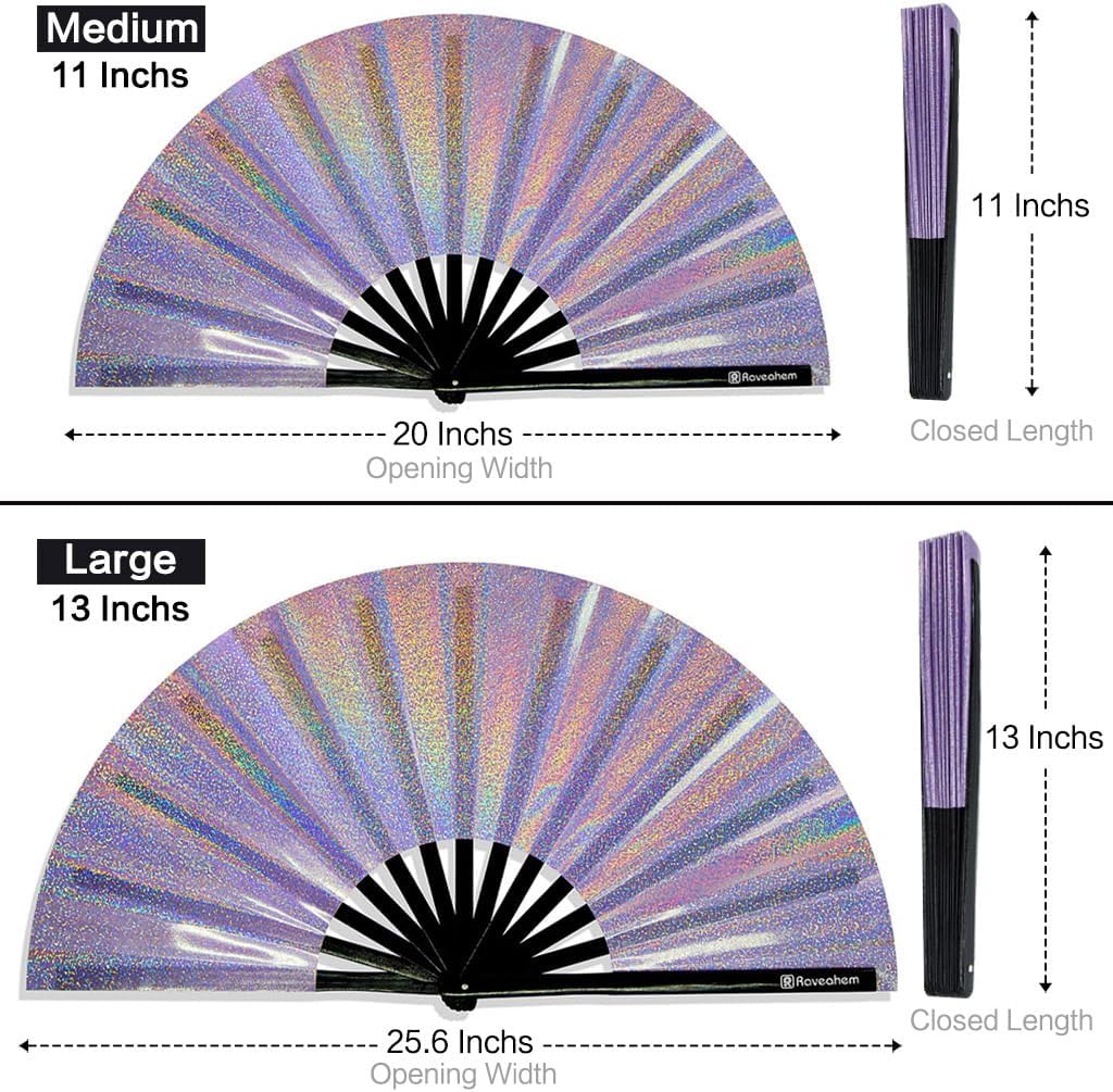Large Rave Fan, Clack Folding Hand Fan with Premium Fabric, Thick Bamboo Frame for Men Women Gift for EDM, Festival, Club, Party, Dance, Decoration (Lridescent Purple, 11")