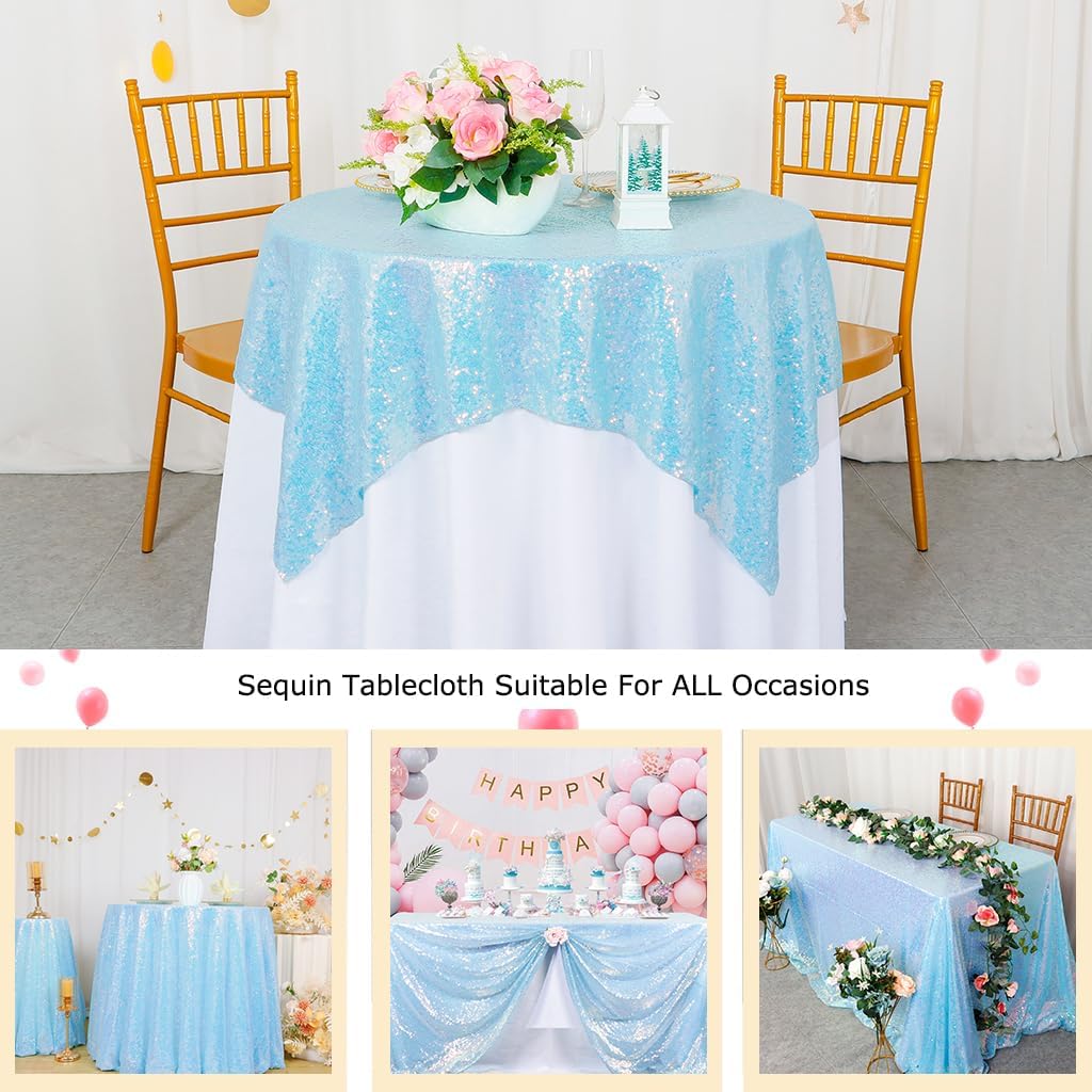 ShinyBeauty Iridescent Aqua Sequin Tablecloth Square Overlay Aqua Blue Tablecloth Cover Glitter Table Cloth Small Tablecloth for Birthday Baby Shower Decor (36”X36”)