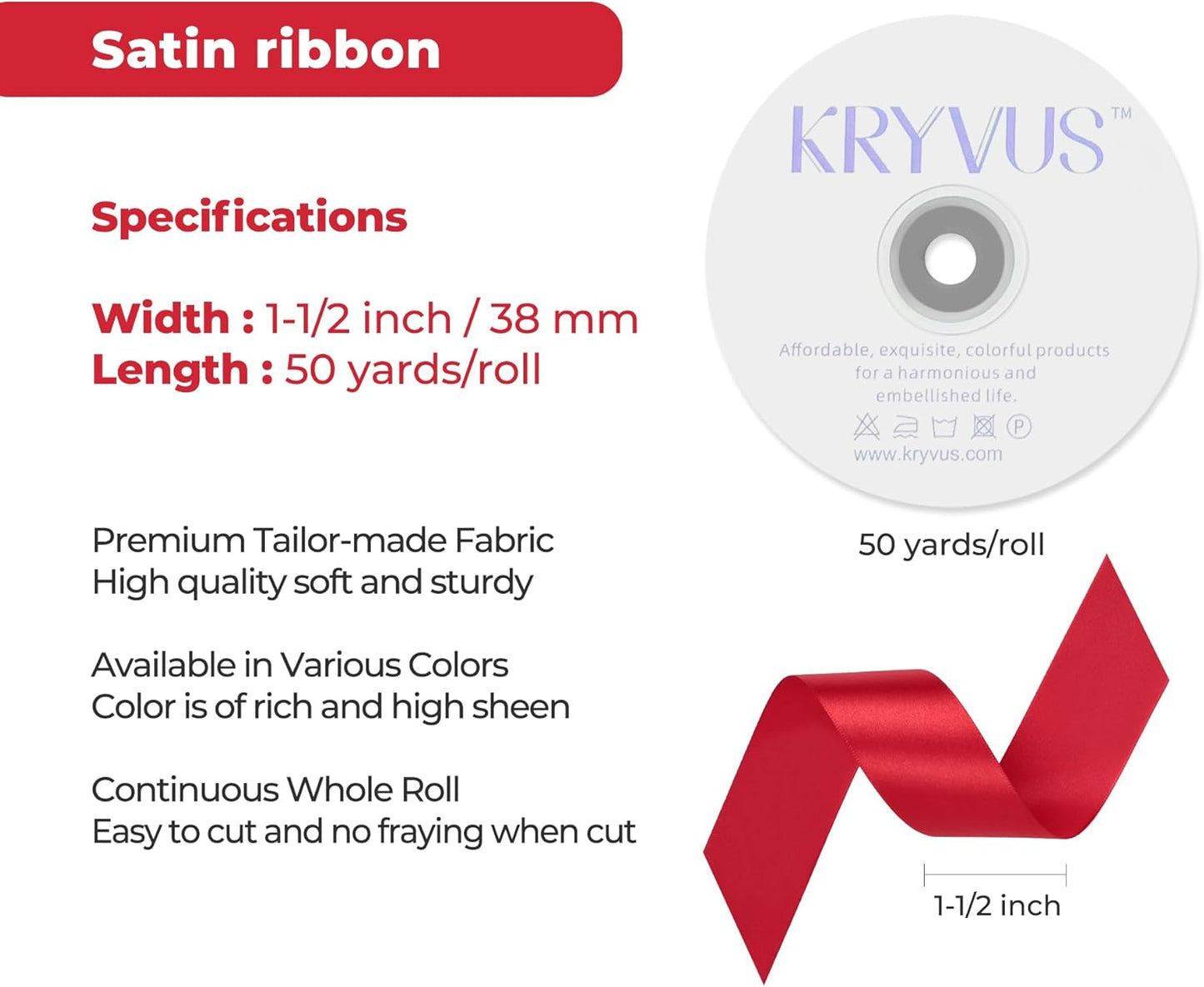 Red Satin Ribbon 1-1/2 inch X Continuous 50 Yards, Single Face Polyester Ribbon Perfect for Gift Wrapping, Flower Bouquet, Wedding Decor, Crafts, Bow Making, Sewing and More