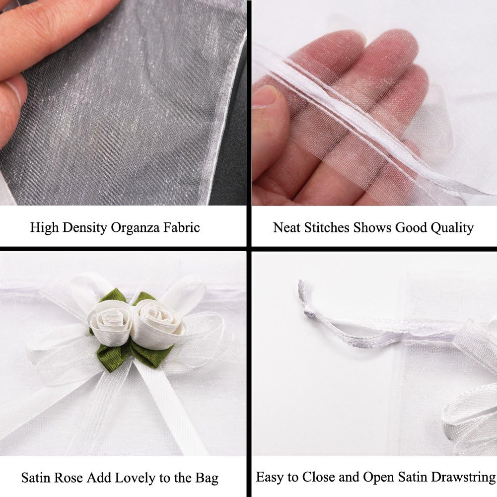 SumDirect Rose Organza Gift Bags - 50Pcs 4x5 inch White Wedding Favor Gift Bags, Jewelry Pouches with Drawstring for Party Wedding Christmas Valentine