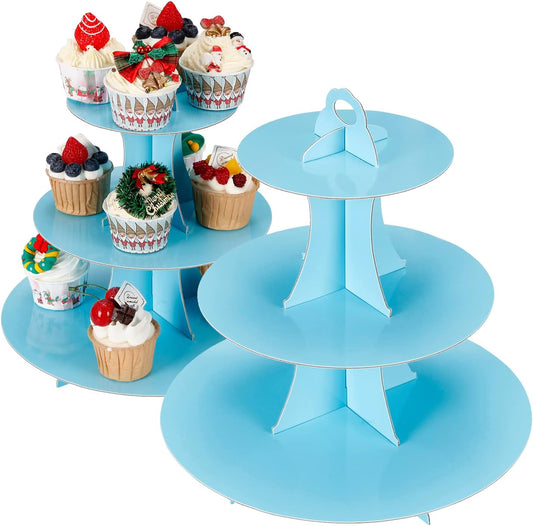2Pcs 3-Tier Cupcake Stand, Cake Stand holder, Tiered DIY Cupcake Stand Tower for Dessert Table Displays, Birthday Theme Party Favors Decoration, Floral Tea Party, 12" W x 12.8" H, Light Blue