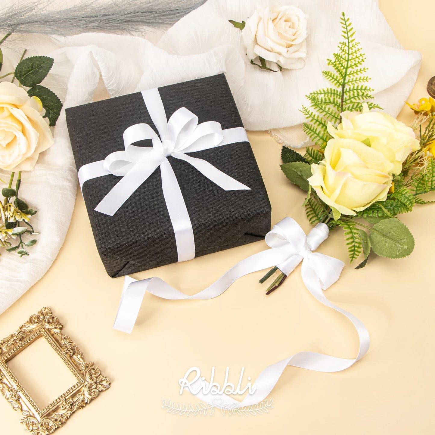 Ribbli White Satin Ribbon 5/8 inch x Continuous 25 Yards,Double Faced Satin Use for Craft, Gift Wrapping, Christmas Ornaments, Hair Bows, Bouquet Bows