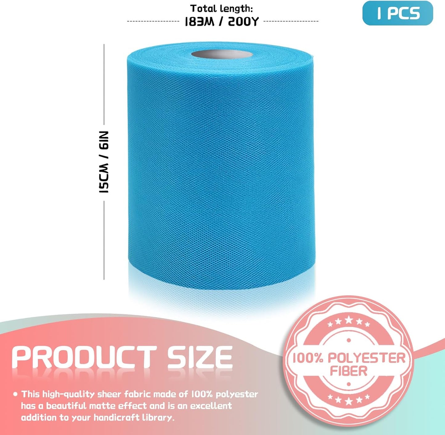 6" x 200 Yards Turquoise Tulle Fabric Rolls, Teal Spool Tulle Ribbon for DIY Tutu Skirt Wedding Decoration Baby Shower Birthday Party Backdrop Gift Wrapping Bow Craft Supplies