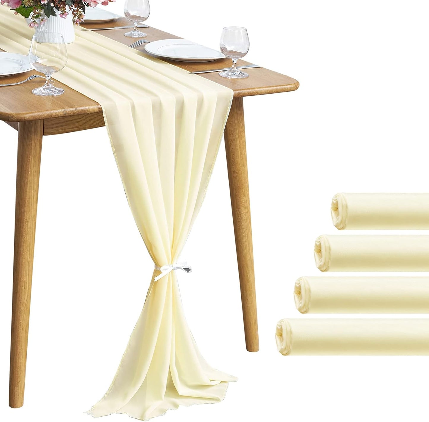 5 Pack 10Ft Light Yellow Chiffon Table Runner Sheer 29x120 Inch for Romantic Wedding Decor Bridal & Baby Shower Birthday Rustic Party Decoration