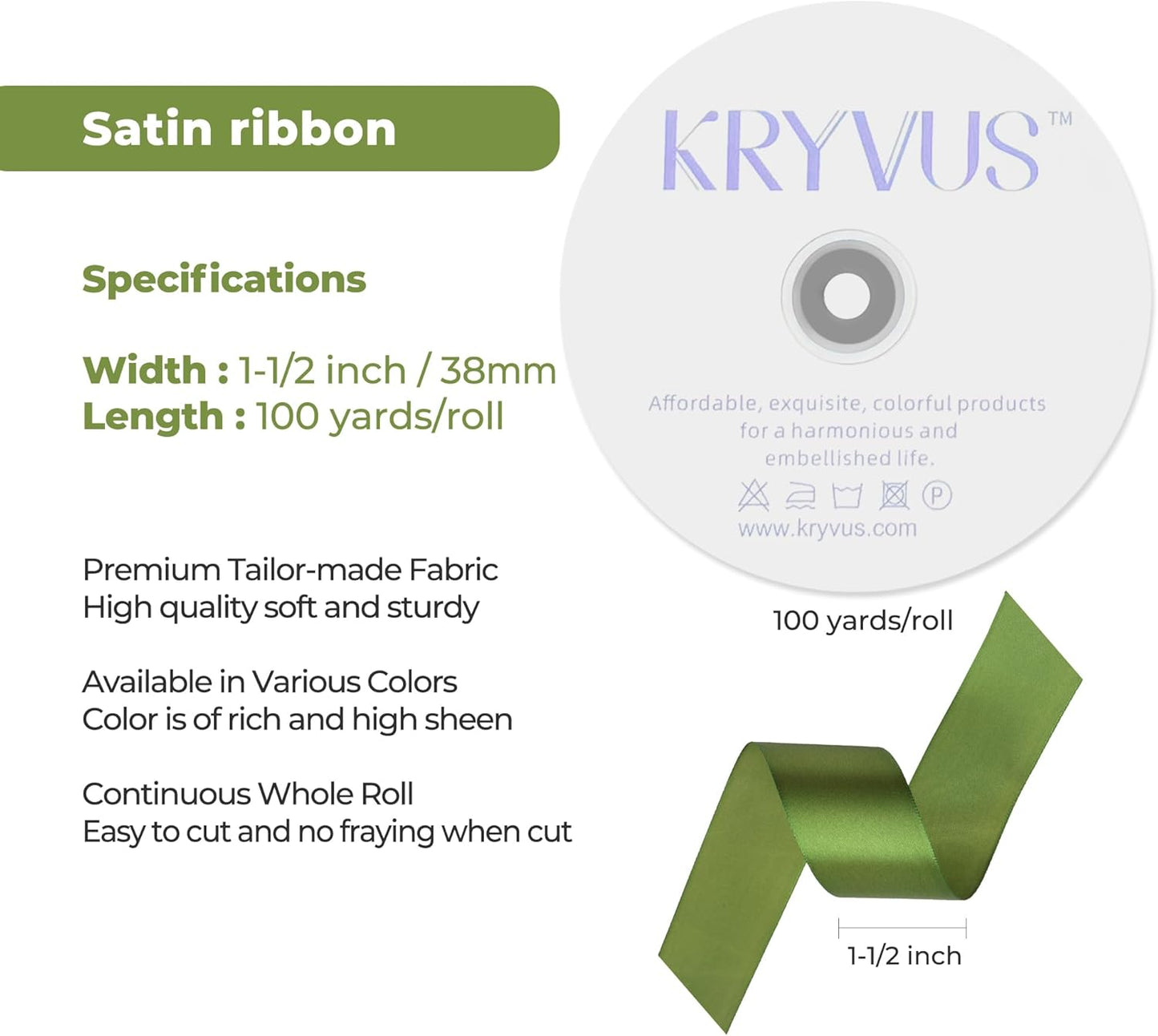 Olive Green Satin Ribbon 1-1/2 inch X Continuous 100 Yards, Single Face Polyester Ribbon Perfect for Gift Wrapping, Flower Bouquet, Wedding Decor, Crafts, Bow Making, Sewing and More