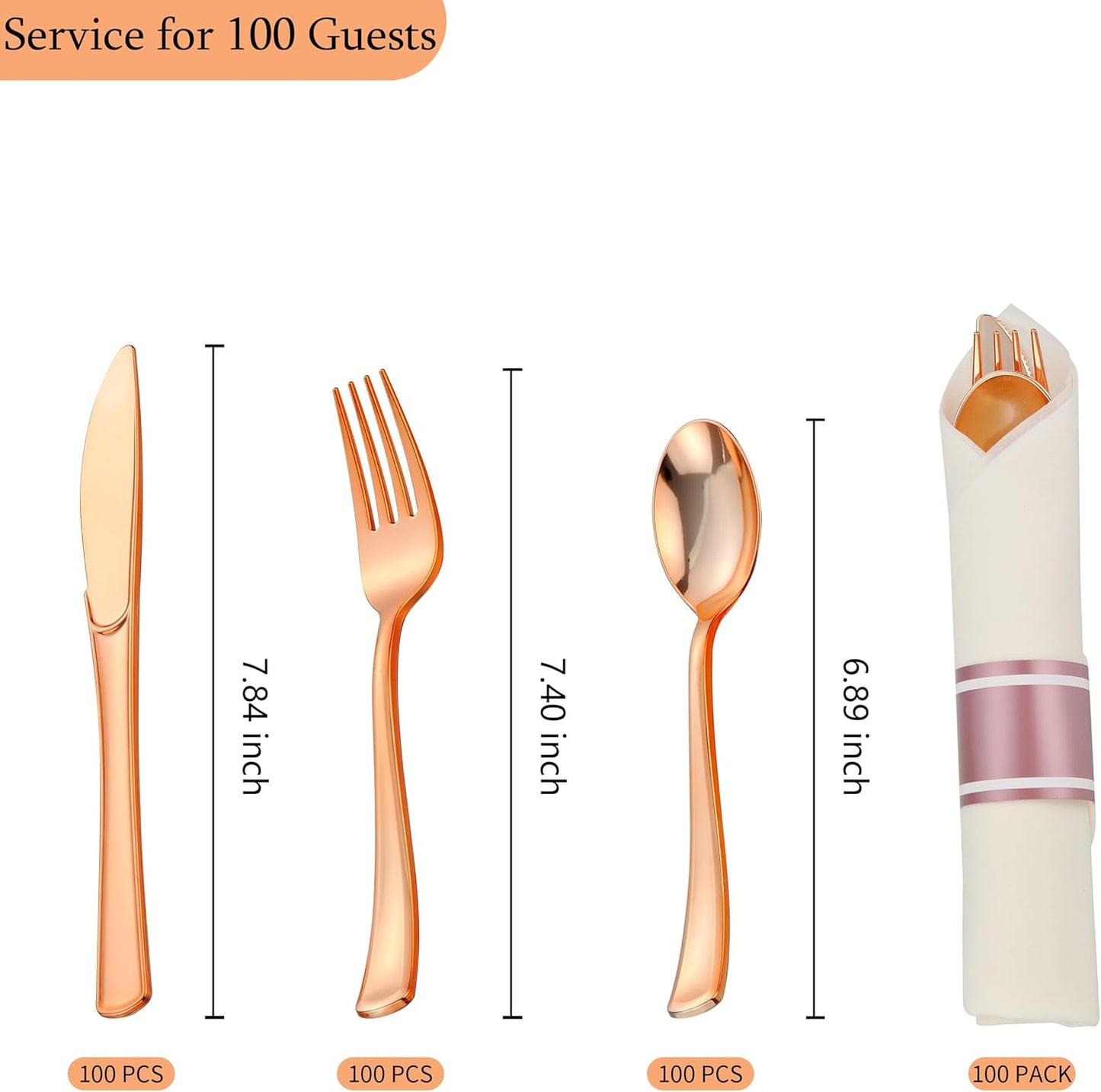 100 Pack Pre Rolled Rose Gold Plastic Silverware Set with Napkins,Disposable Wrapped Heavy Duty Cutlery Set for Wedding Birthday Party-100 Forks,Knives,Spoons,Utensils Set,Plasticware Bulk