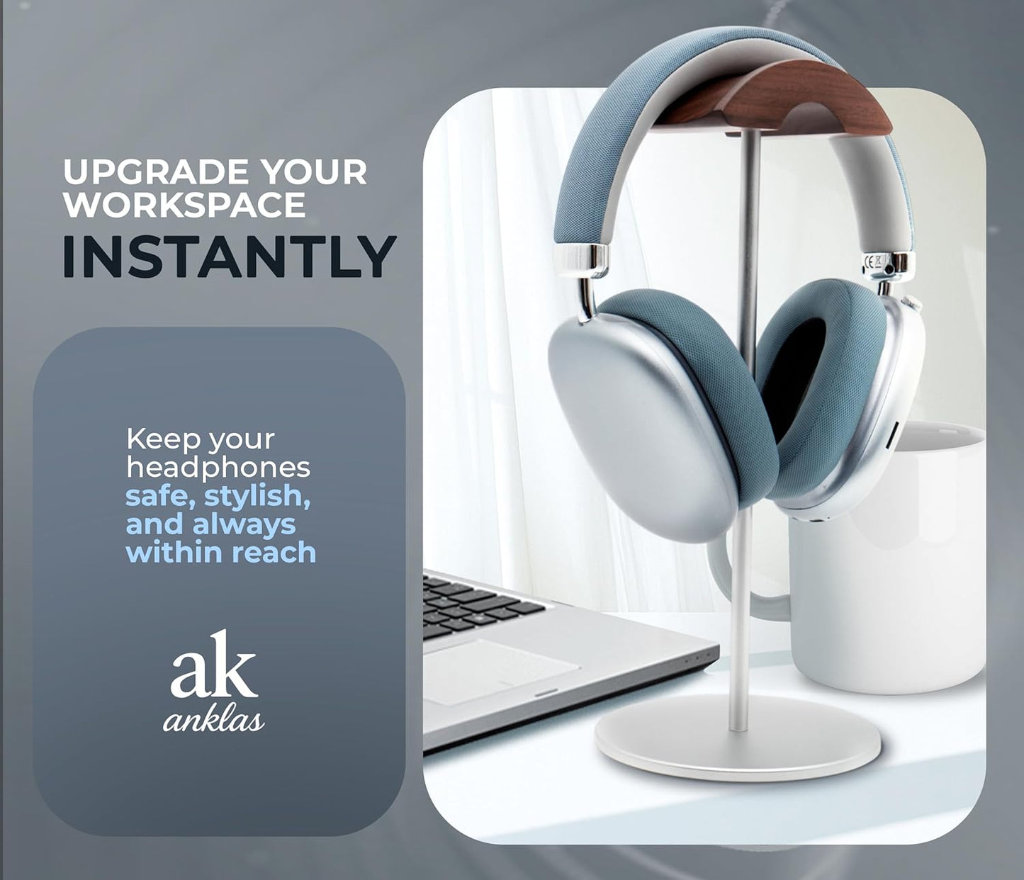 Headphone Stand for Desk – Premium & Minimalist Headset Holder with Round or Oval Base for Gaming, Office & Home (Silver Wood, Standard)