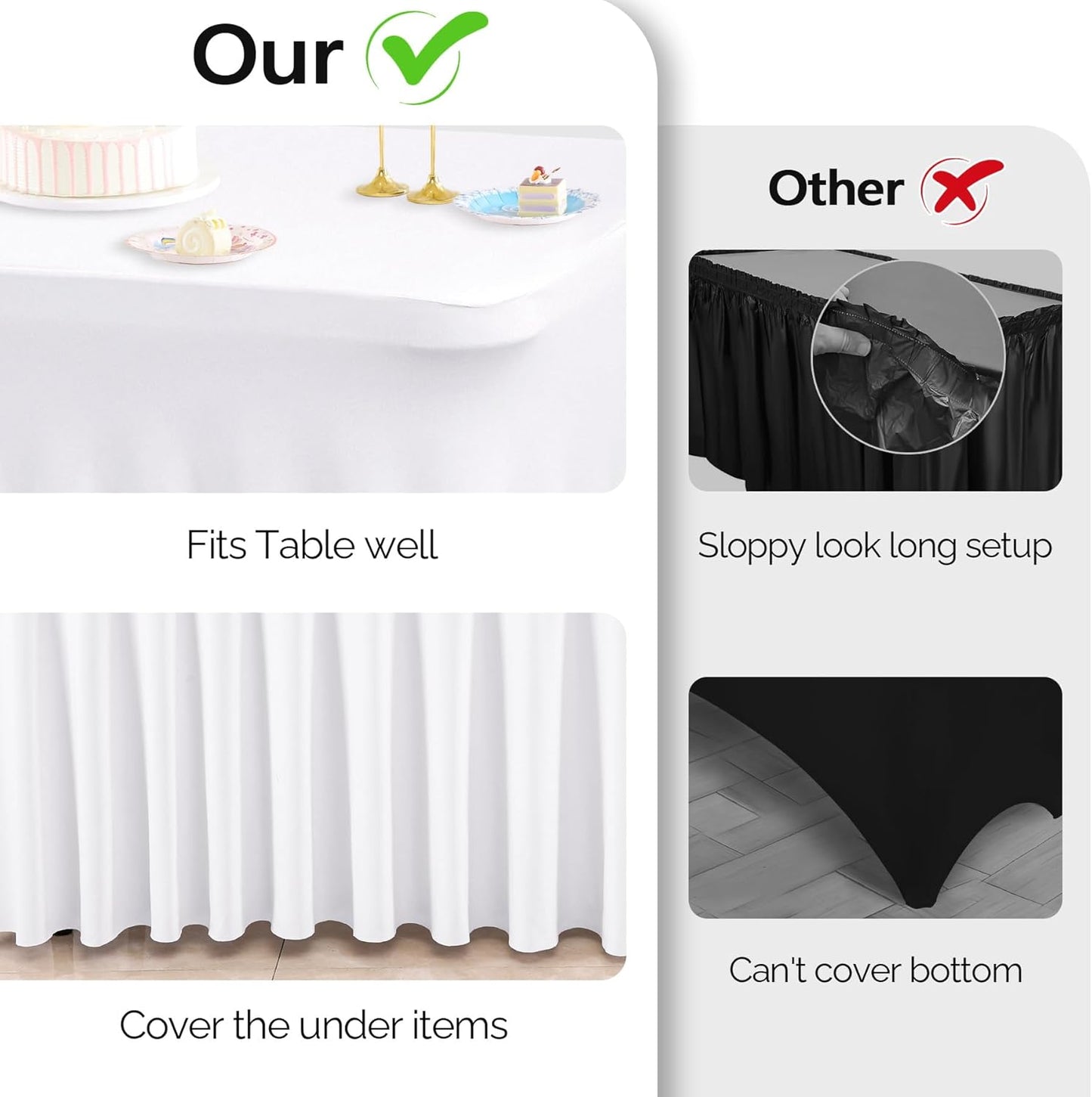 6 Pack White Spandex Table Clothes for 8 Foot Rectangle Tables, 8FT Wrinkle Free Fitted Tablecloths Ruffles Design Table Cover for Party, Banquet, Wedding and Events