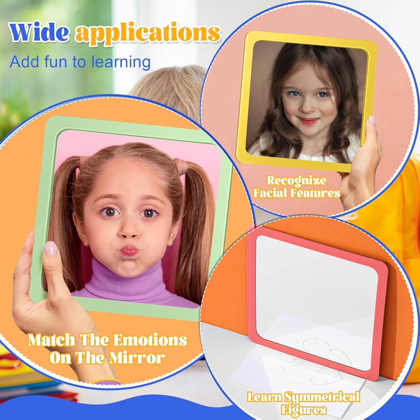 Dandat 10 Pcs Small Mirrors for Kids 6 x 6 Inch Square Shatter Proof Reflector Toddler Glass Plastic Reflector for Classroom DIY Craft Preschool Facial Expression (Hippie Colors)