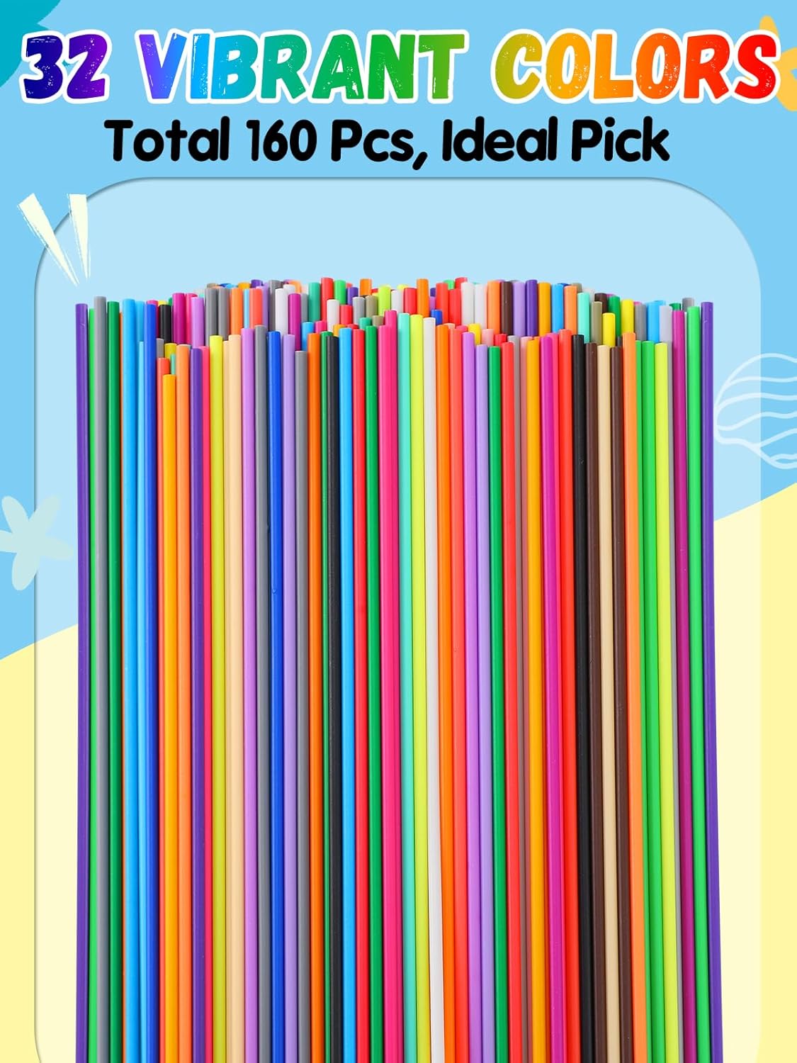 Biubee 32 Colors 3D Pen Filament Refills Compatible with 3Doodler Start+ Only - Safe & Low Temperature PCL, 2.5mm 3D Printer Doodler Pen Refill Packs for Kids Birthday Christmas Gift, 160pcs