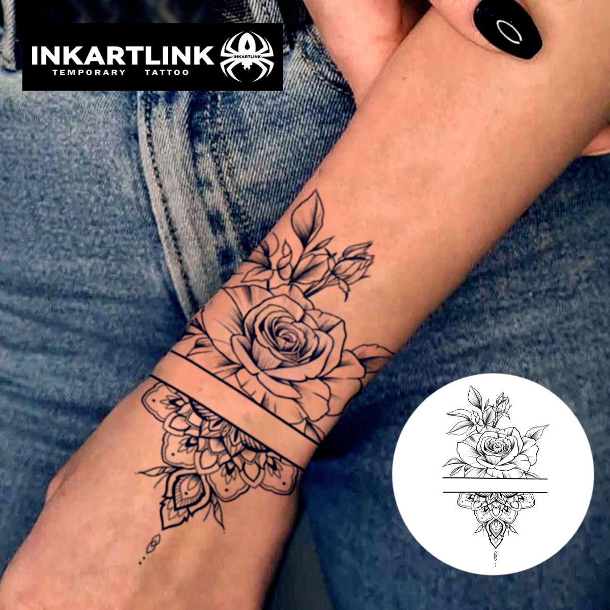 INKARTLINK Tattoo Tech, 2 Sheets Extra Large Semi Permanent Tattoo, Adult Art Design Temporary Tattoos, Lasts 1-2 Weeks, Waterproof, Realistic Look, No Adhesive, No Reflection (Flower)300