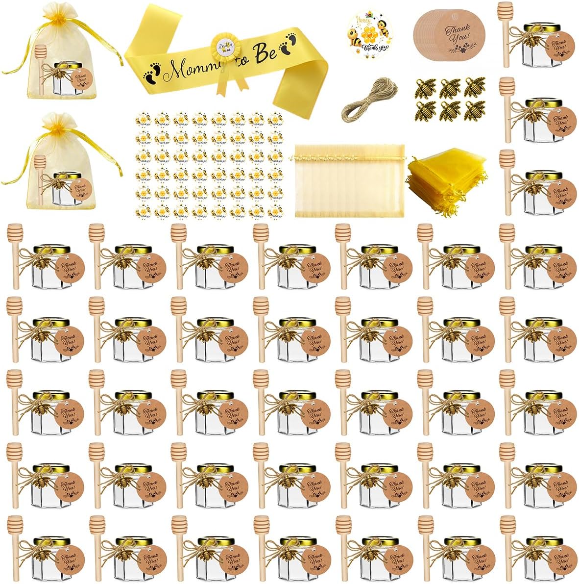 IIKUM 40 Pack Glass Honey Jars, 1.5 oz Honey Pot with Baby Shower Sash, Lids, Dippers, Bee Pendants, Gift Bags, Cards, Jute and Stickers-Ideal Honey Jars Set for Baby Shower, Wedding and Party Favors