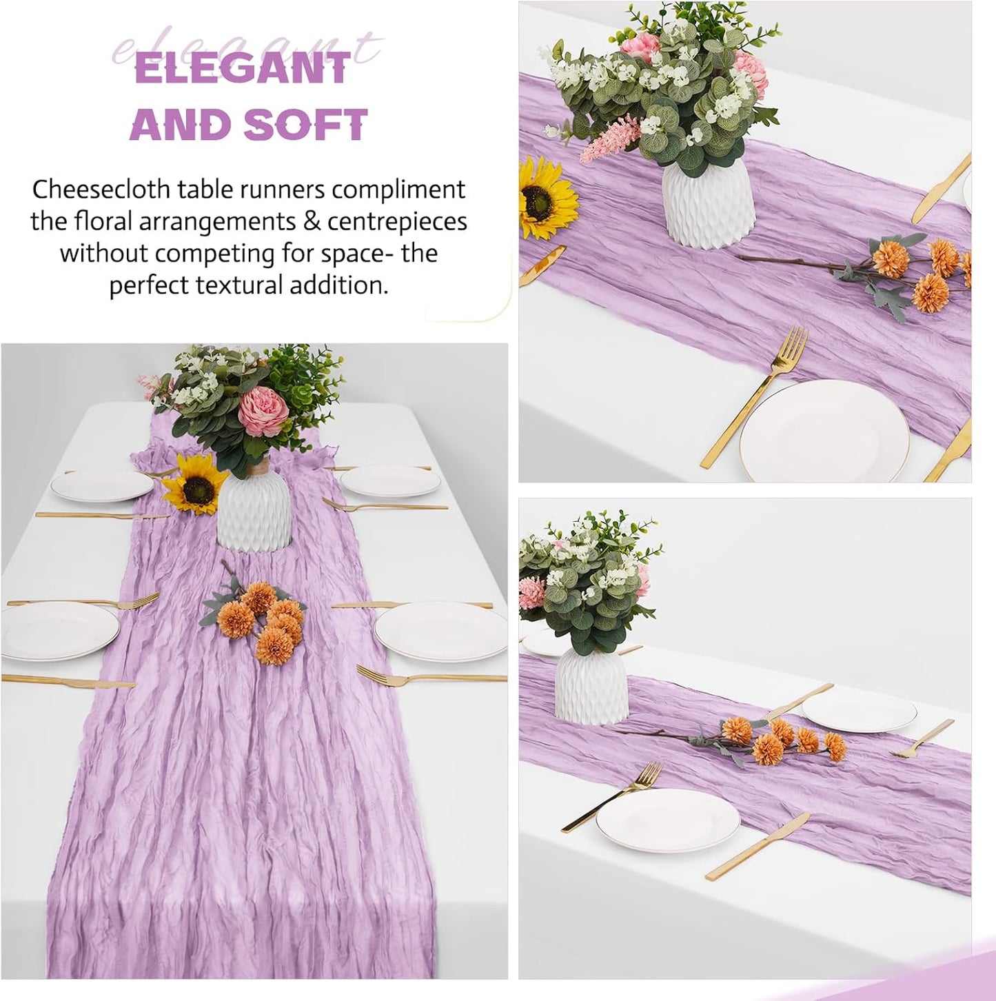 Aktor 4 Pack Lavender Table Runner Boho Cheesecloth Table Runner Semi Sheer Gauze Fabric Runners for Wedding Birthday Baby Shower Party Boho Table Decoration（Lavender）