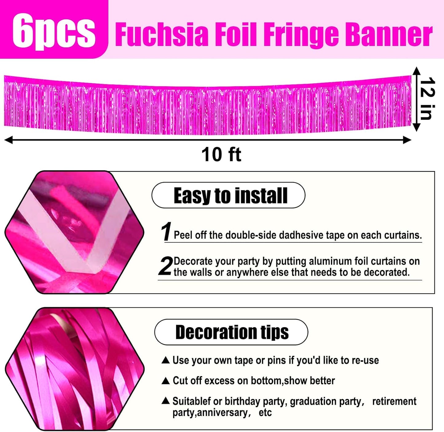 6 Pack 10 Feet Rose Red Foil Fringe Garland Metallic Tinsel Streamers Banner Wall Hanging Curtain Backdrop for Parade Floats, Birthday, Graduate, Mother's Day, Wedding Party Decoration