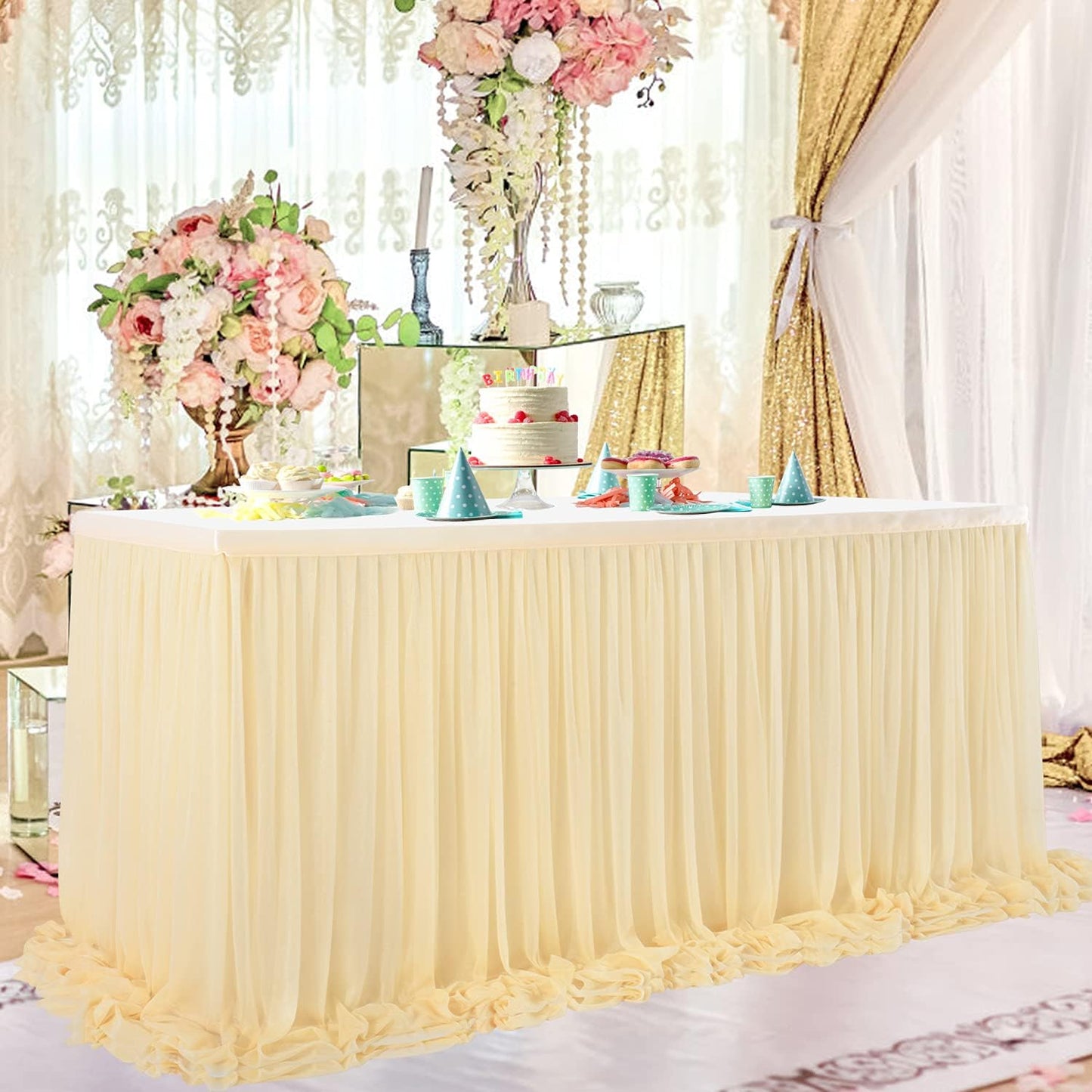 6ft Champagne Table Skirt for Rectangle Tables or Round Tables Champagne Tutu Tulle Table Skirt Cloth for Wedding Baby Shower Birthday Party Dessert Buffet Banquet Decorations