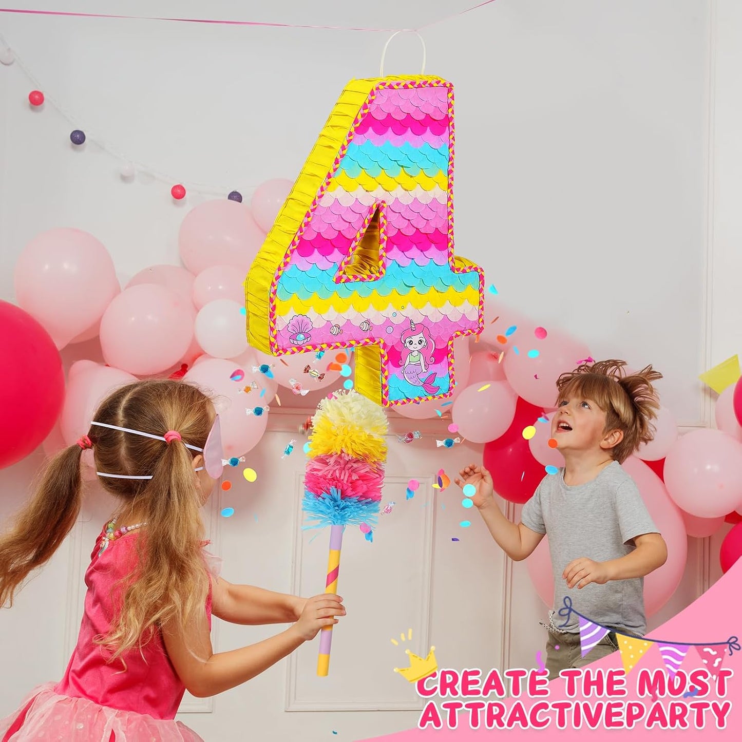 Number 4 Pinata for Birthday Party Decorations, Unicorn Mermaid Theme Pink Piñata Games Toy (4th)