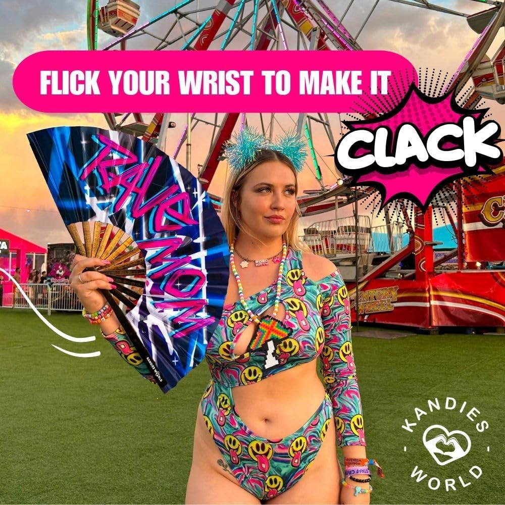 Kandies World UV Reactive Custom Festival Folding Hand Fan - Unique Designs, Made of Bamboo, Clacking Sound, Lightweight - Perfect Rave and Festival Accessory!