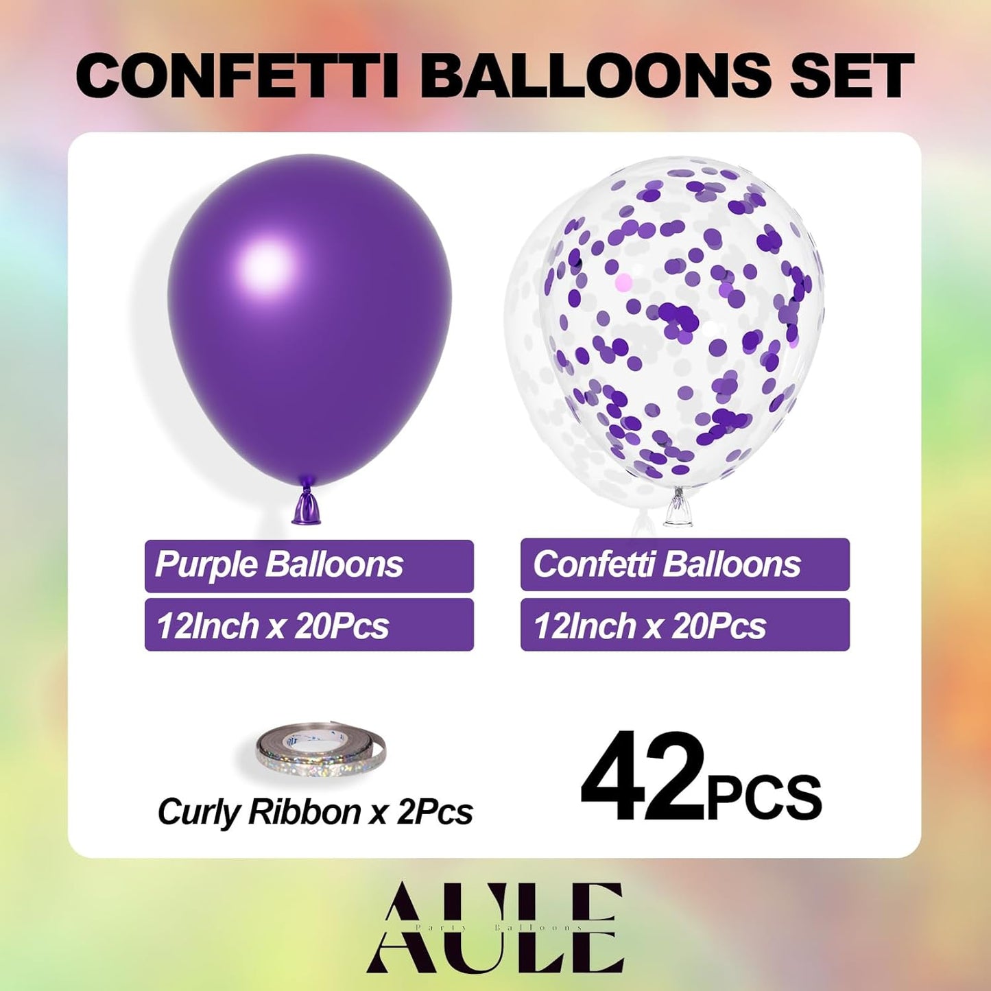 AULE Party Balloons Pack of 42 - Metallic Balloons & Confetti Balloons and 64ft Ribbons - 12 Inch Purple Balloons Decorations Set