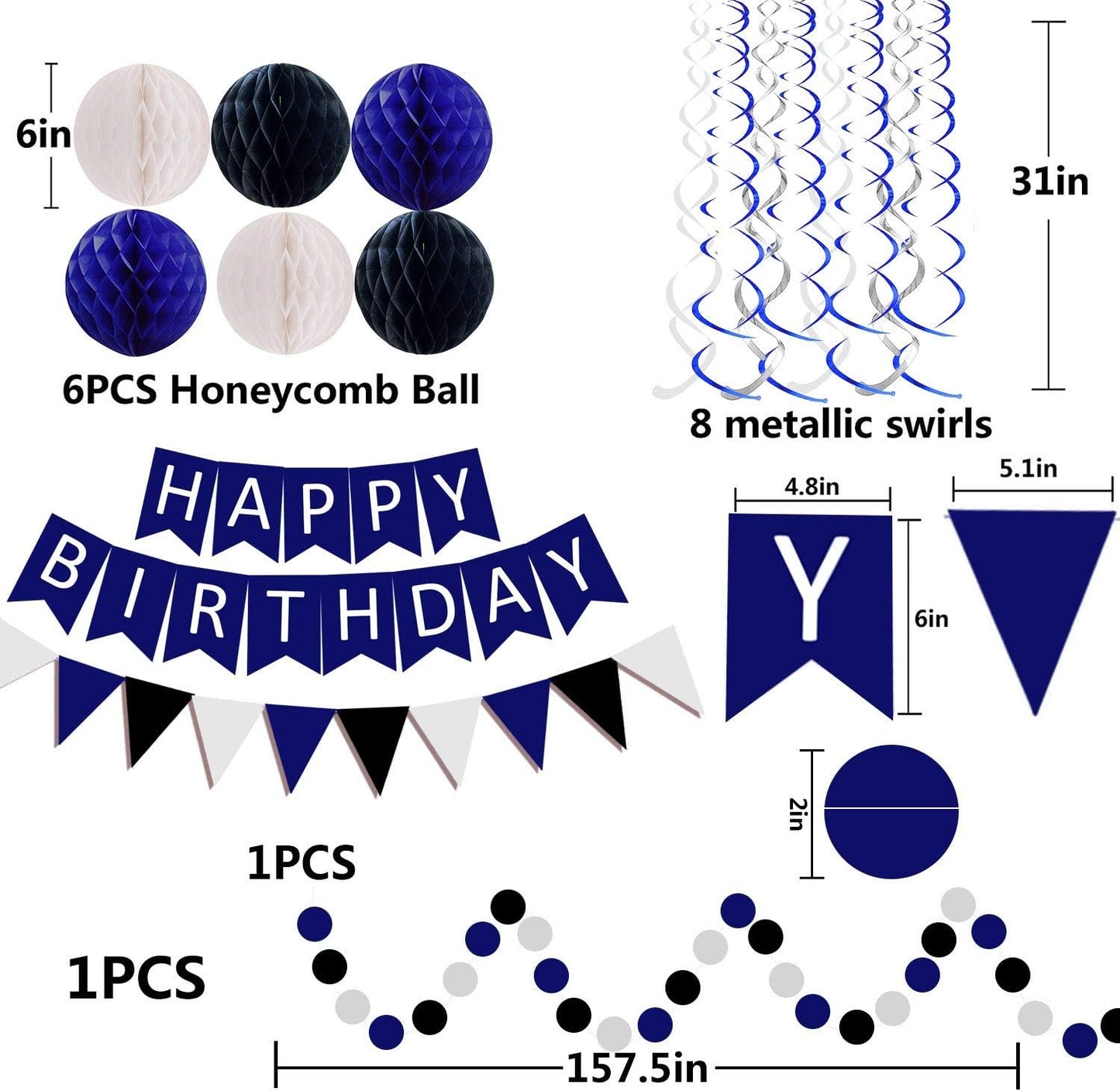 FECEDY Navy Blue White Black Happy Birthday Banner&Cute Flag Bunting Paper Circle Confetti Garland Swirl Streamers Honeycomb Ball for Birthday Party Decorations