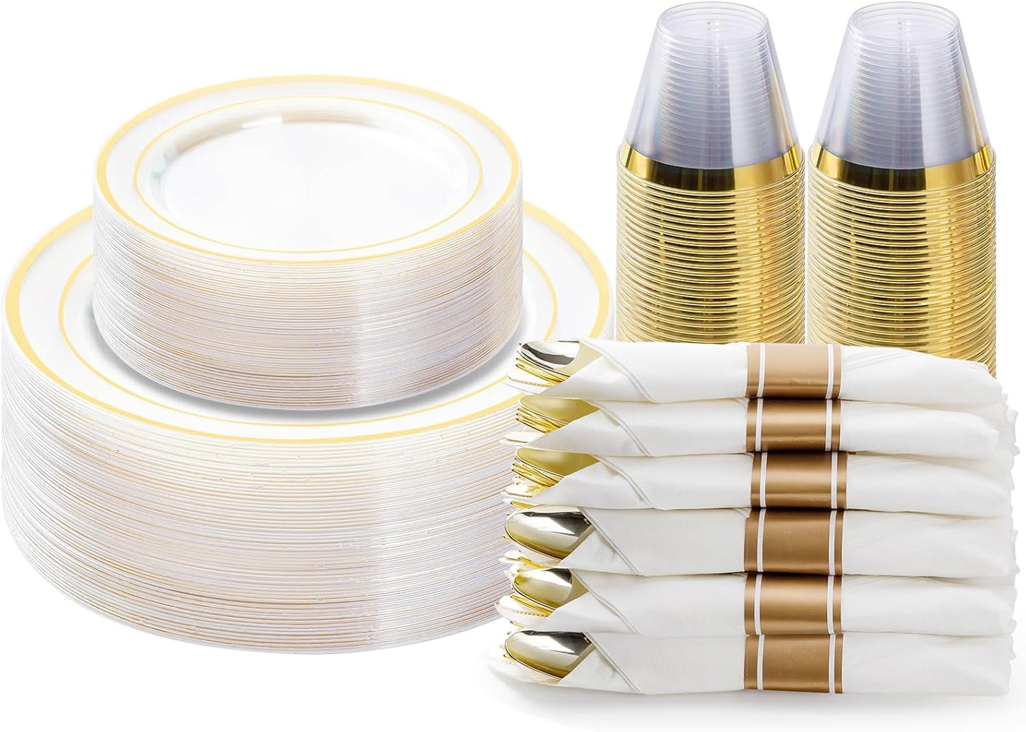 BESTVIP 175PCS Clear Gold Plastic Dinnerware Set, Disposable Party Plates for 25 Guests, Include: 50 Plastic Plates, 25 Pre Rolled Napkins with Silverware, 25 Cups for Christmas, Halloween