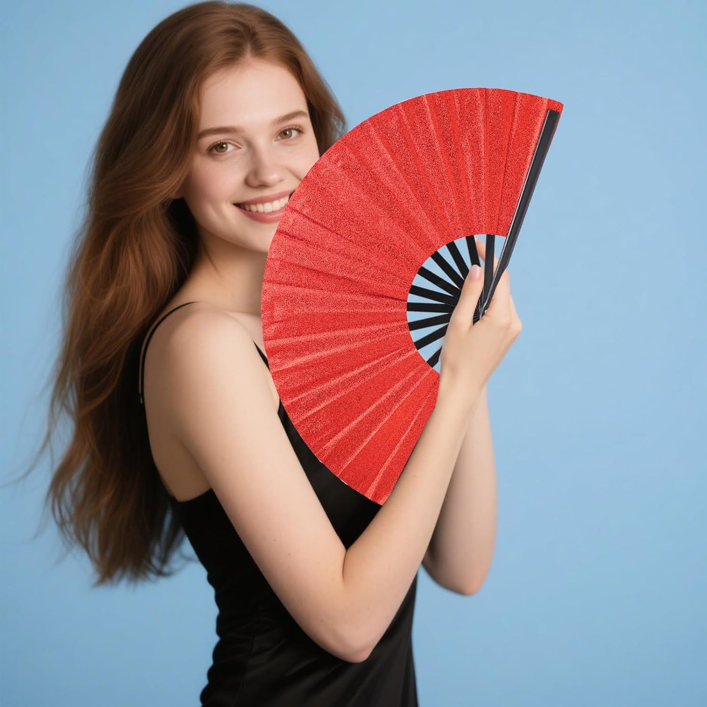 Glitter bling Large Folding Fan-Hand Fan Rave Clack Popping Fan for Line Dancing Clacking Fans for Boots On The Ground Dance, Party for EDM, Music Festival, Hot Flashes, Party, Decoration(3pcs red)