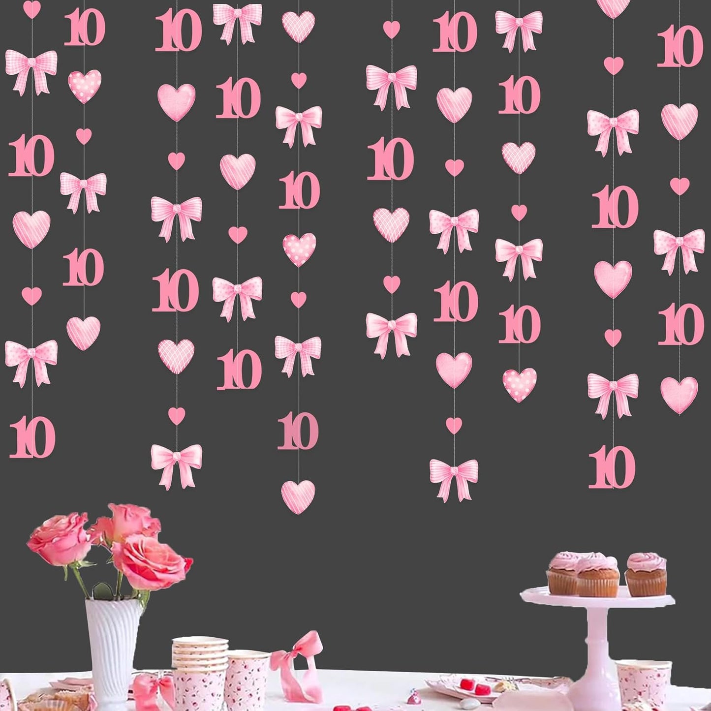 40Ft Pink 10th Bow Birthday Decorations Hot Pink Conquette Bow Heart Garland Streamer Banner for Girls Happy 10th Birthday Double Digits I'm 10 Cheers to 10 Years Old Anniversary Party Supplies
