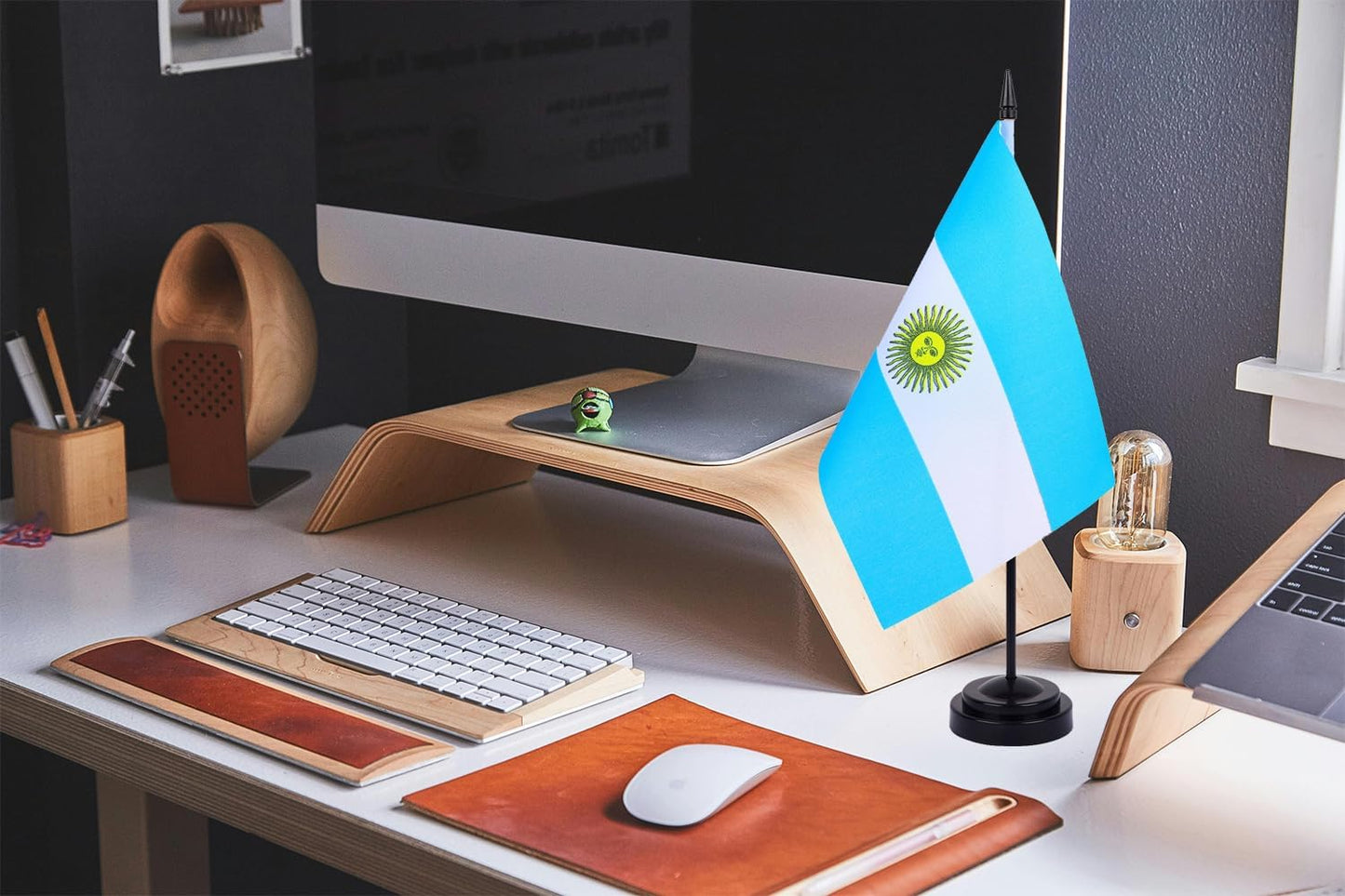 WXTWK 2 Pack Argentina Flag Argentina Deluxe Desk Flag Set - Mini Small Argentinian Table Office Flags with Black 12" Solid Pole Stand Base Classroom Meeting Desktop Decorations