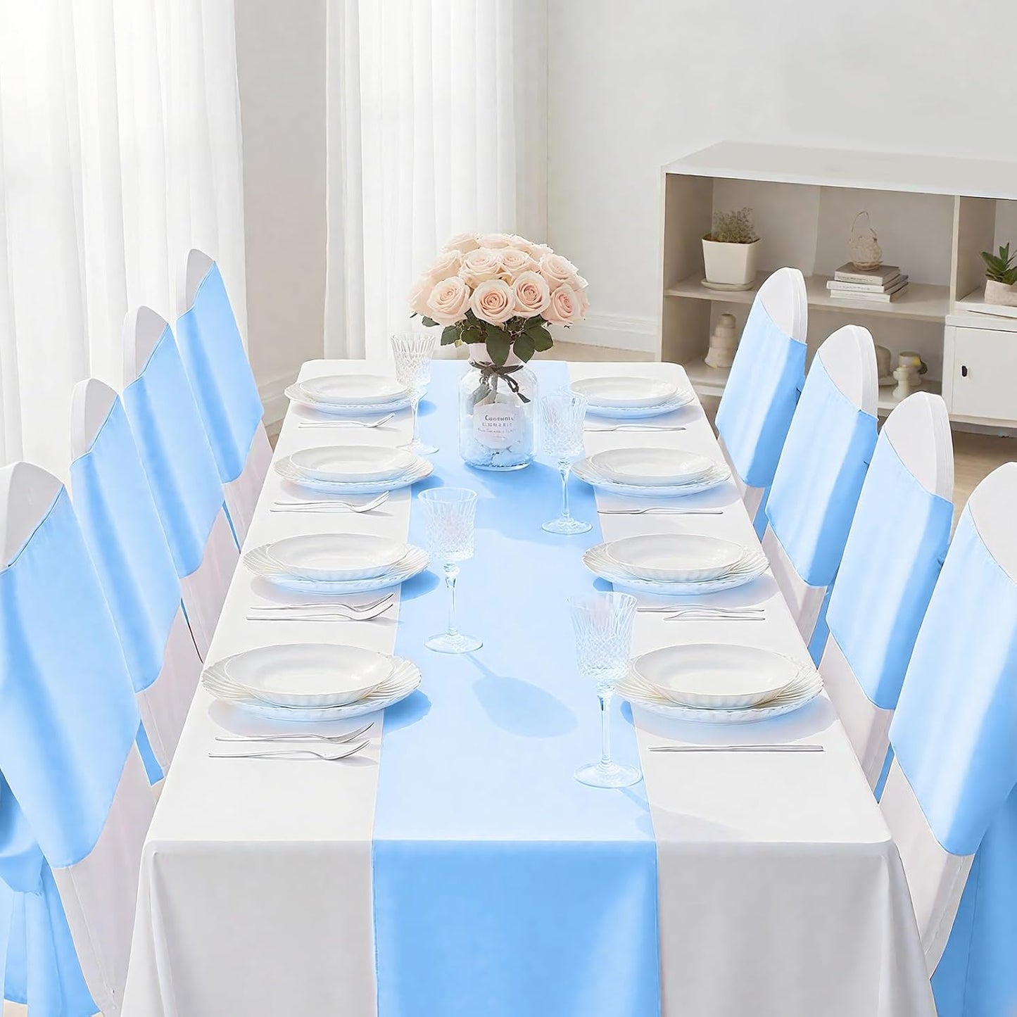 SHEJIZE 20 Pack Light Blue Satin Table Runner 12x108 Inches Long, Bright Silky Smooth Satin Table Runner Table Decor for Wedding Banquet Christmas Prom Event Birthday Party