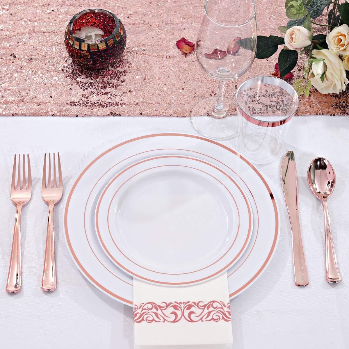 WDF160 Piece Rose Gold Disposable Cutlery Set - Heavyweight Plastic Silverware - Includes 80 Forks, 40 Spoons, 40 Knives - Rose Gold Silverware Perfect for Wedding/Party