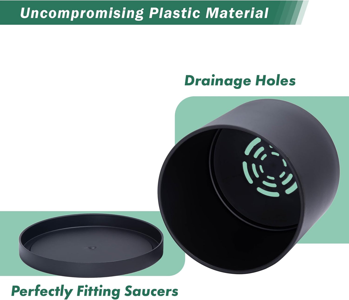 D'vine Dev 2 Pack 12 Inch Modern Plastic Plant Pots, Cylindrical Garden Planters for Plants with Drainage Holes and Saucers, Black, 74-Y-P-1