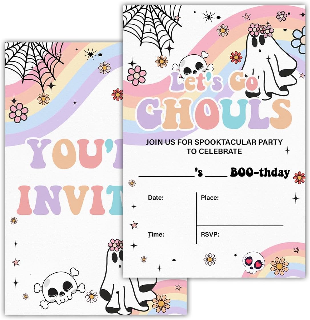 Halloween Birthday Invitations Groovy Rainbow Ghost Halloween Birthday Party Fill in Invites Cards With Envelopes (20 Count) Double Sided Design, Let's Go Ghouls