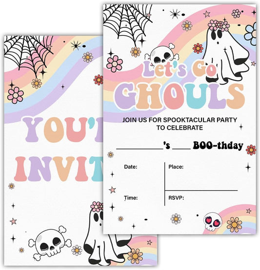 Halloween Birthday Invitations Groovy Rainbow Ghost Halloween Birthday Party Fill in Invites Cards With Envelopes (20 Count) Double Sided Design, Let's Go Ghouls