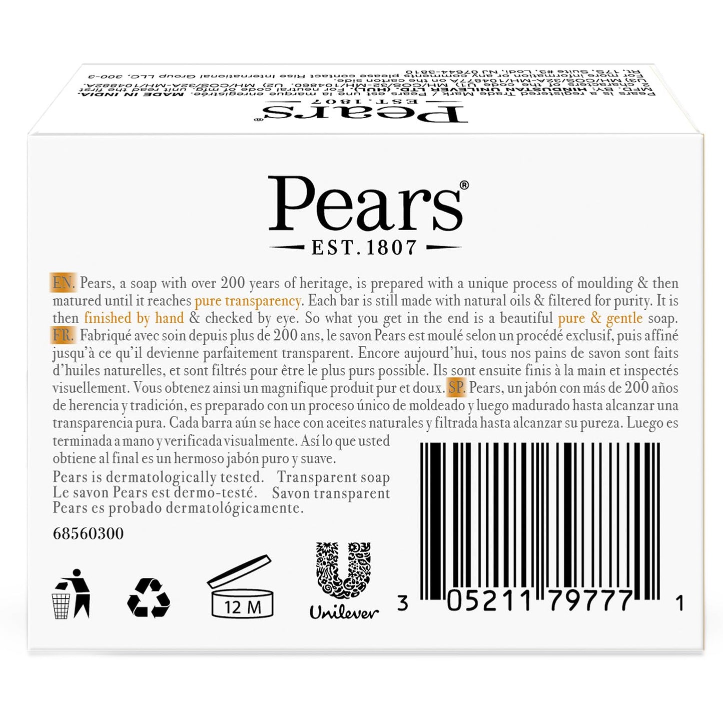 Pears Soap, Pure & Gentle with Natural Oils, 12-Pack – Transparent Amber Glycerin Soap for Pampered, Glowing Skin, 3.53 Oz Ea