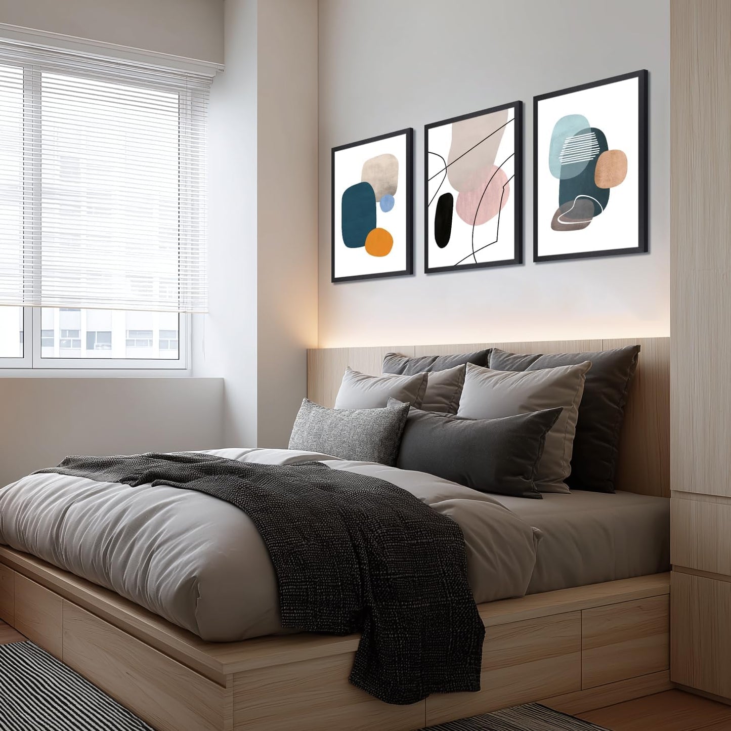 IAFWZX Wood Framed Abstract Geometric Wall Art, Orange Blue Beige Color Block Wall Decor, Modern Minimalist Canvas Painting, Neutral Boho Colorful Geometric Aesthetic Picture for office 12"x16"x3