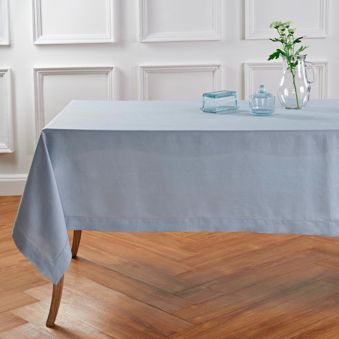 Solino Home Linen Tablecloth 52 x 52 Inch - 100% Pure Linen Dusty Blue Square Tablecloth - Classic Hemstitch, Machine Washable Table Throw for Fall, Autumn, Thanksgiving