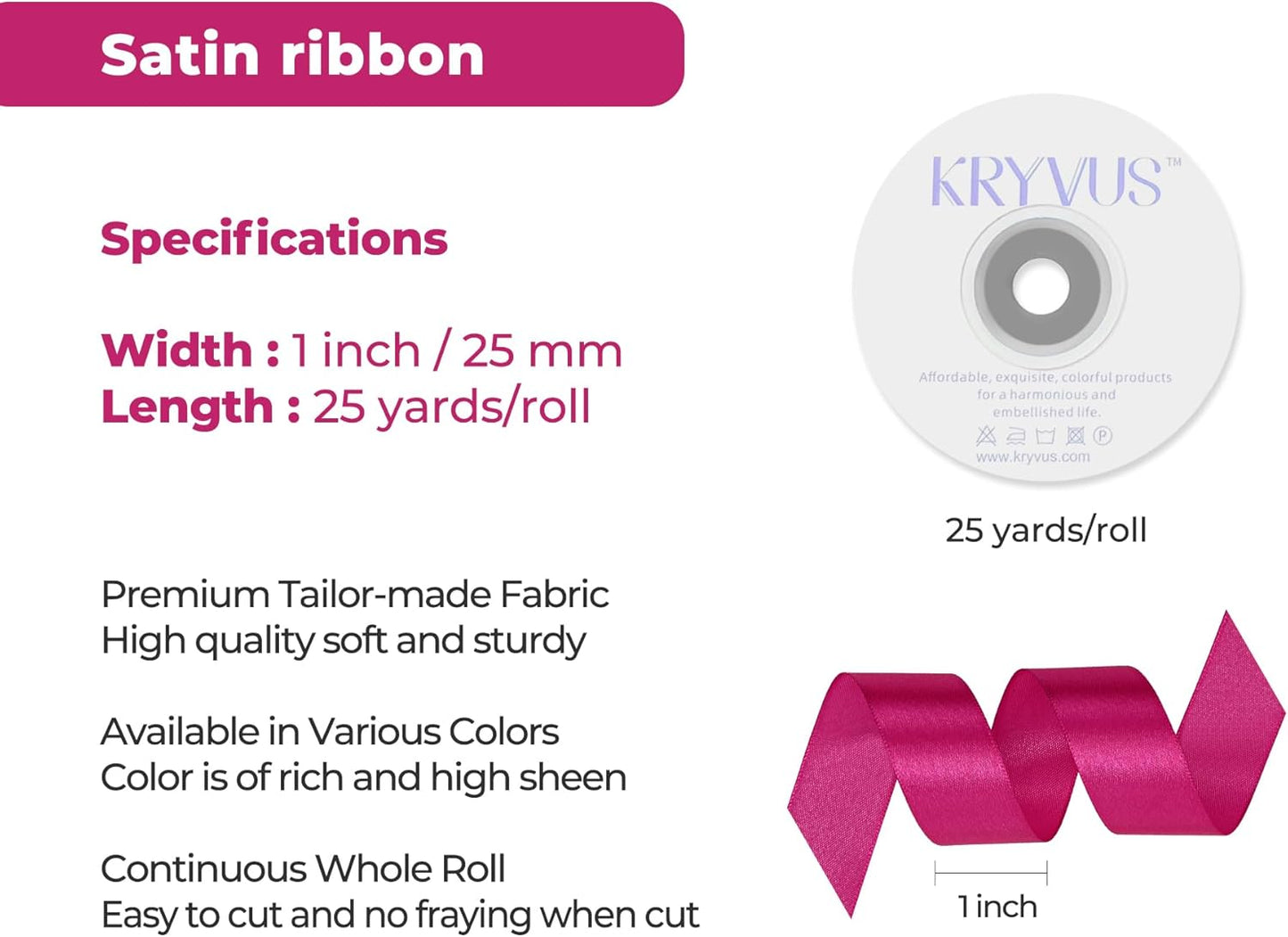 Rose Red Satin Ribbon 1 inch X Continuous 25 Yards, Single Face Polyester Ribbon Perfect for Gift Wrapping, Flower Bouquet, Wedding Decor, Crafts, Bow Making, Sewing and More
