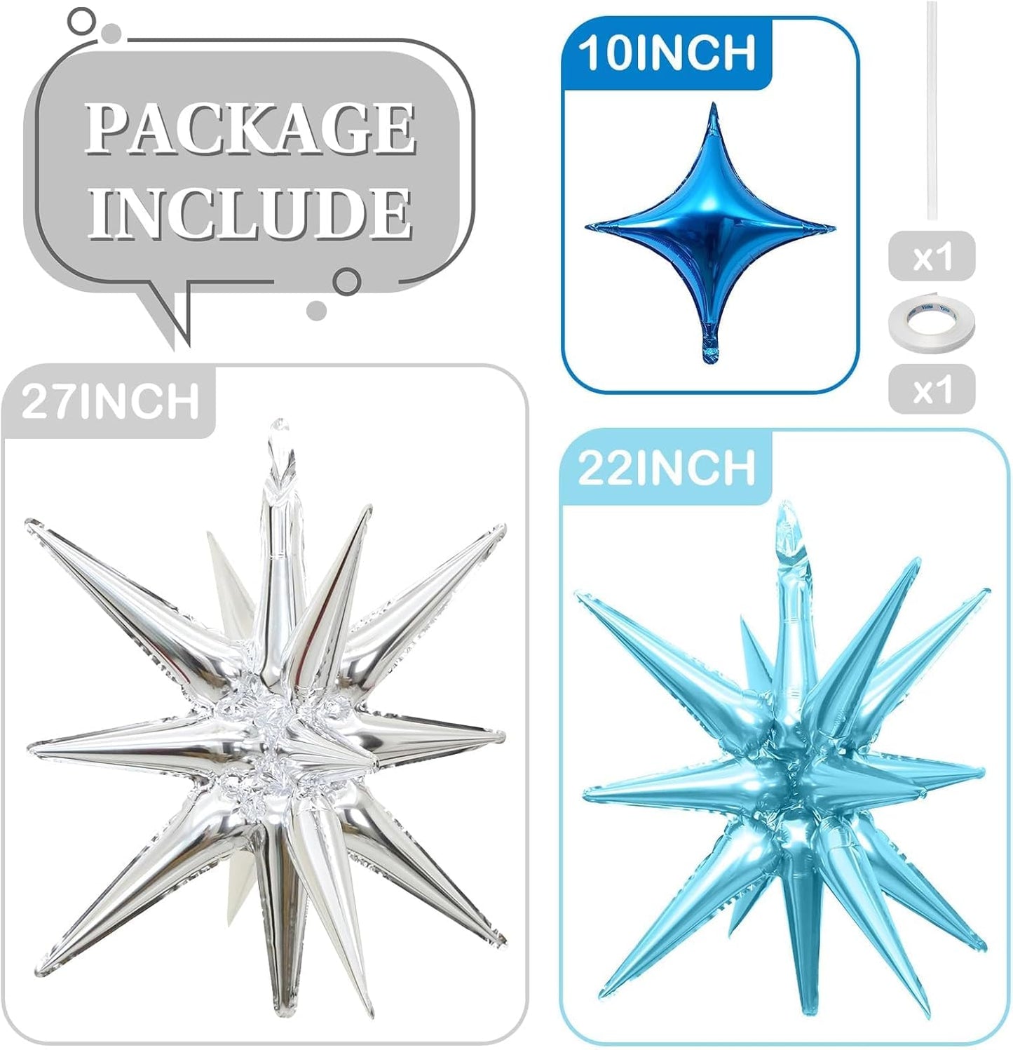 Blue Silver Star Balloons 12pcs, 27/22 Inch Foil Star Explosion Balloons, Large Spike Mylar Cone Balloon, Fireworks Shape Balloon for Men Boys Birthday Space Theme Party Backdrop