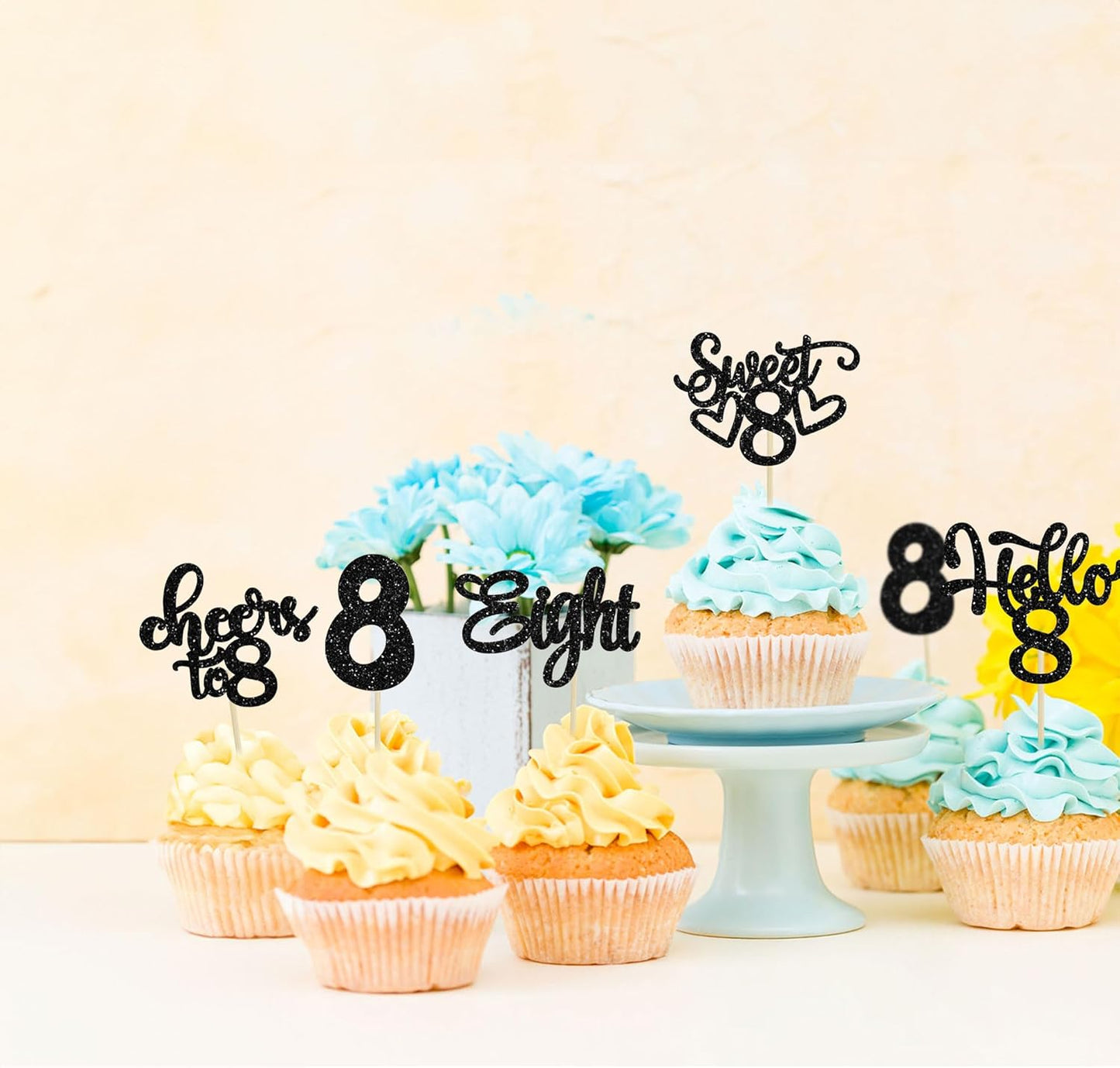 30Pcs 8th Birthday Cupcake Toppers Glitter Eight Hello 8 Cupcake Picks Cheers to 8 Years Old Cake Decorations for 8th Birthday Party Supplies Black