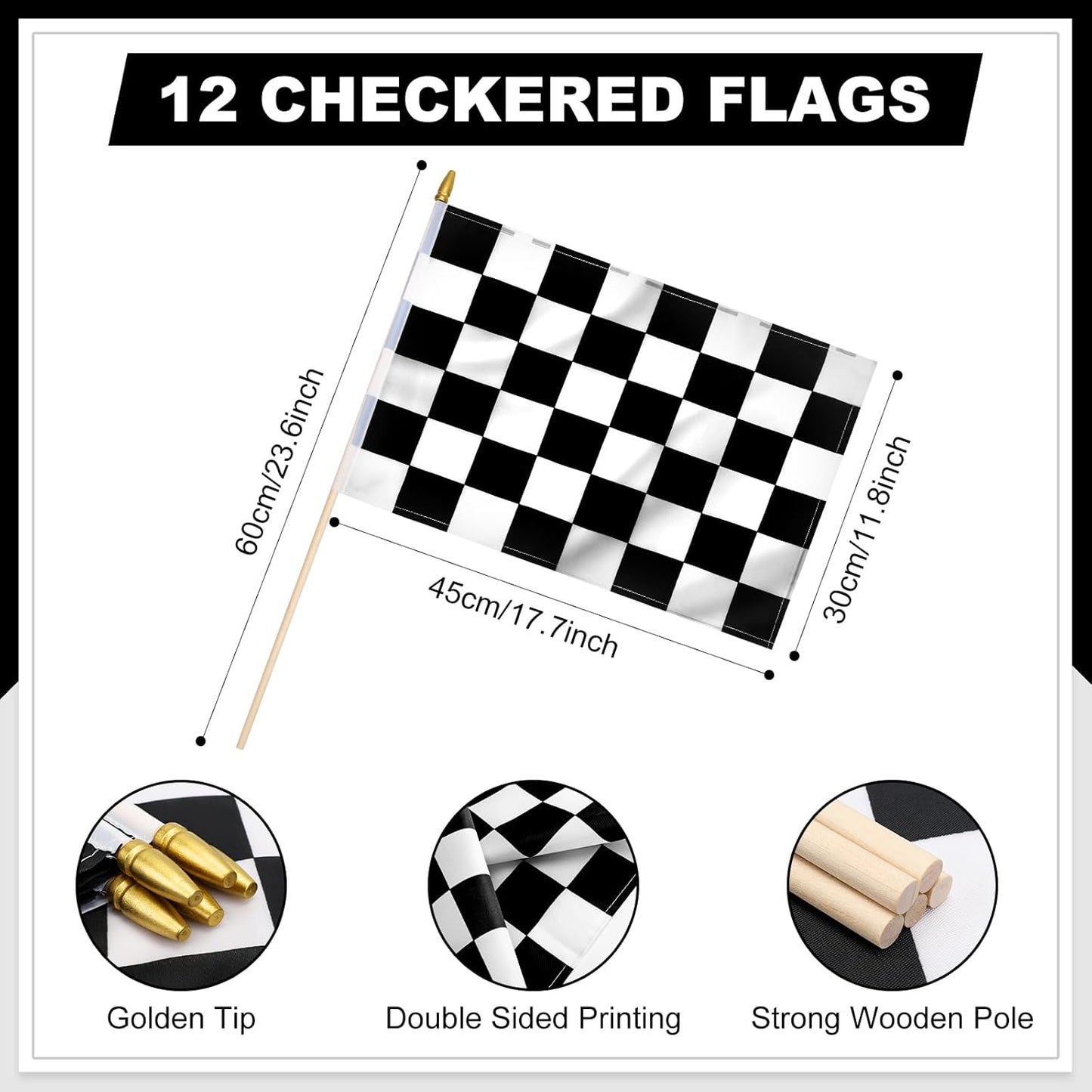 12 Pack Checkered Small Stick Flag 12x18 Inch Black and White Racing Hand Held Race Car Flags Decorations