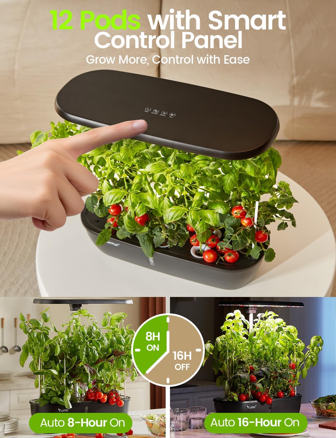 LETPOT Classic 12 Pods Hydroponic Growing System Kit, 24W Full-Spectrum LED Indoor Herb Garden, Dual Veg/Fruit Modes & 2-Level Brightness, Adjustable 21'' Stand & Quiet 5.5L Tank