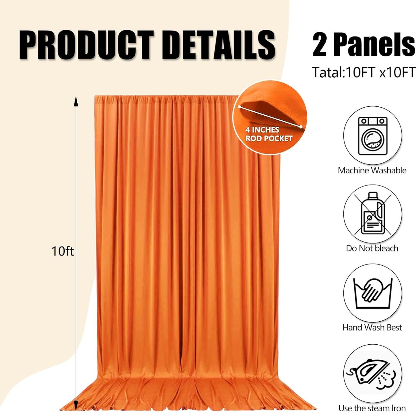 10ft x 10ft Orange Backdrop Curtains for Parties, Fabric Satin Background Curtain with Rod Pockets for Weddings, Birthday, Baby Shower, Photography, Graduation Party Backdrop Drapes, 2 Panels