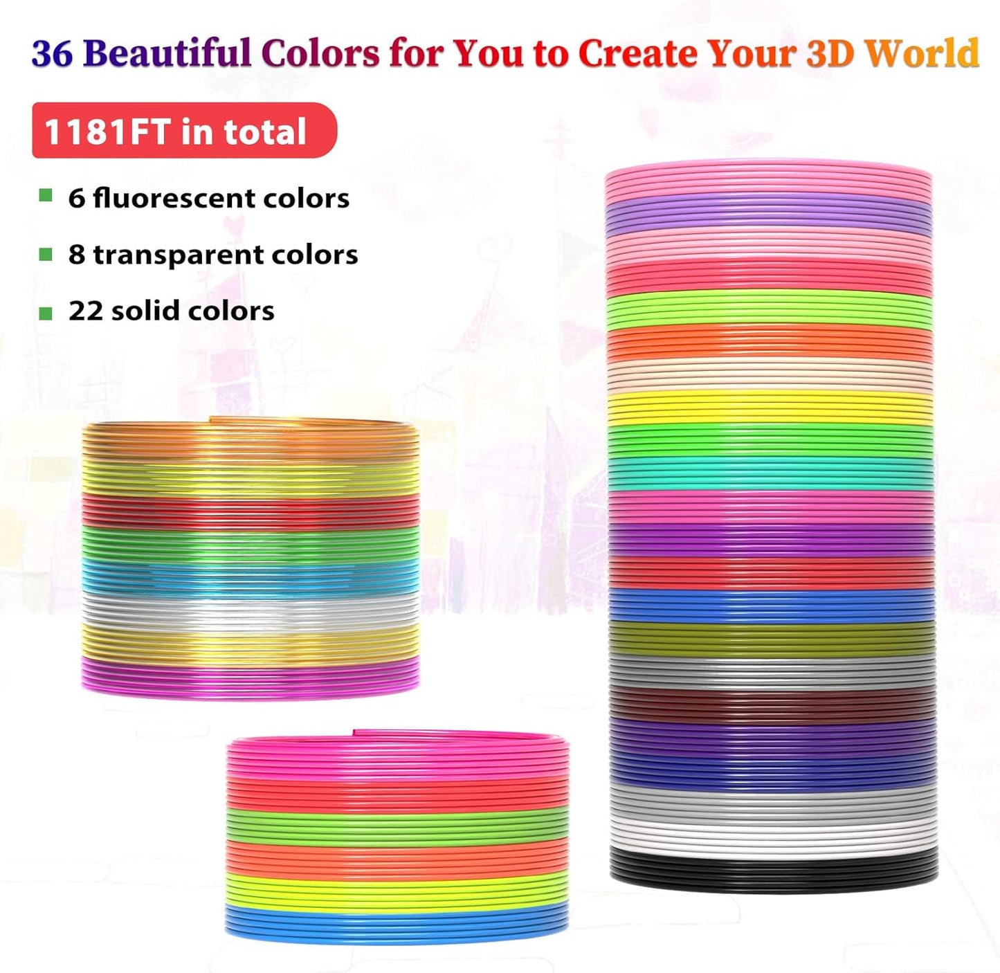 36 Colors 3D Pen Filament 1.75mm PLA, Each Color 32.8 Feet, Total 1181 Feet 3D Pen Filament Refills 3D Printing Pen Refills with High-Precision Diameter Not Compatible with 3Doodler Pen