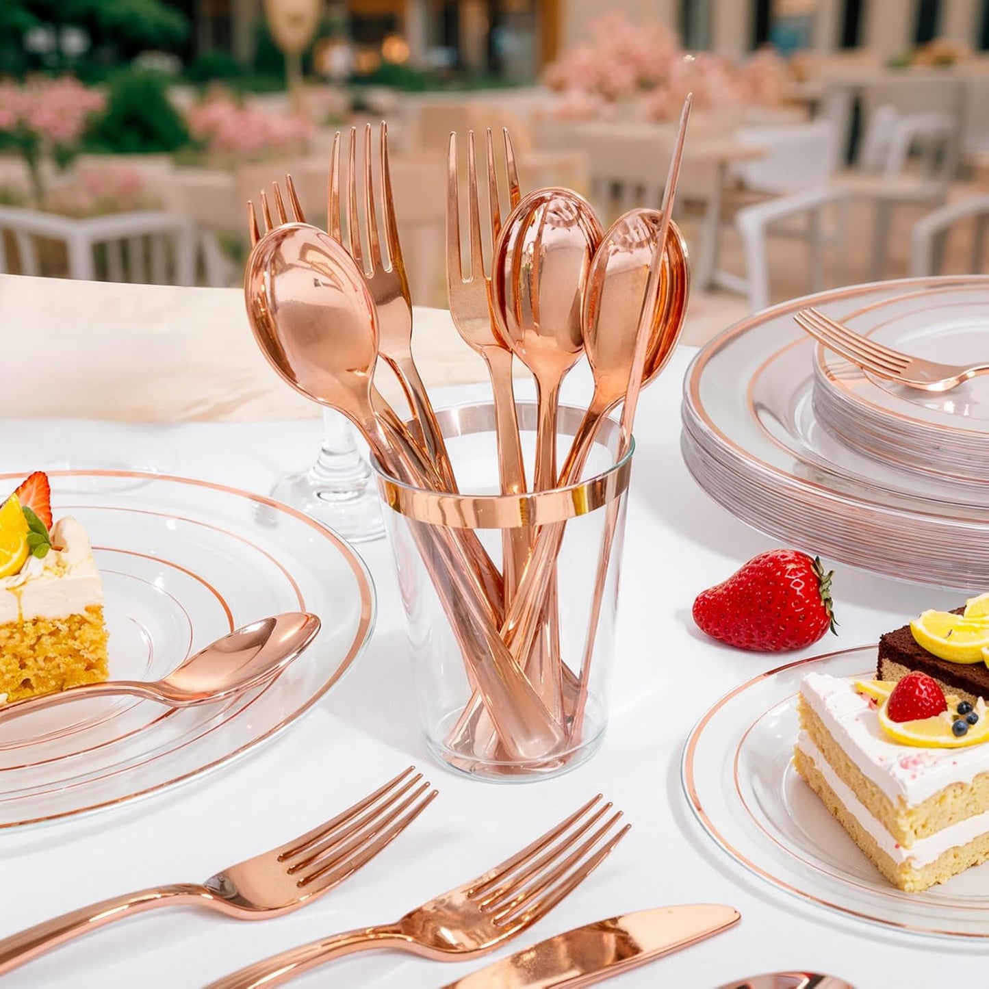 bUCLA 600PCS Rose Gold Plastic Silverware Set - Disposable Rose Gold Plastic Cutlery Include 200 Knives, 200 Forks, 200 Spoons for Party, Wedding & Mother’s Day