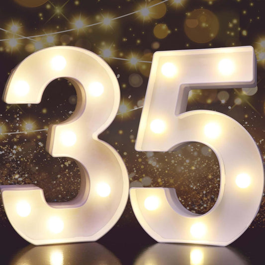 Pooqla Decorative LED Light Up Number Letters, White Plastic Marquee Number Lights Sign for 35th Birthday Party Wedding Decor, Battery Operated (35)