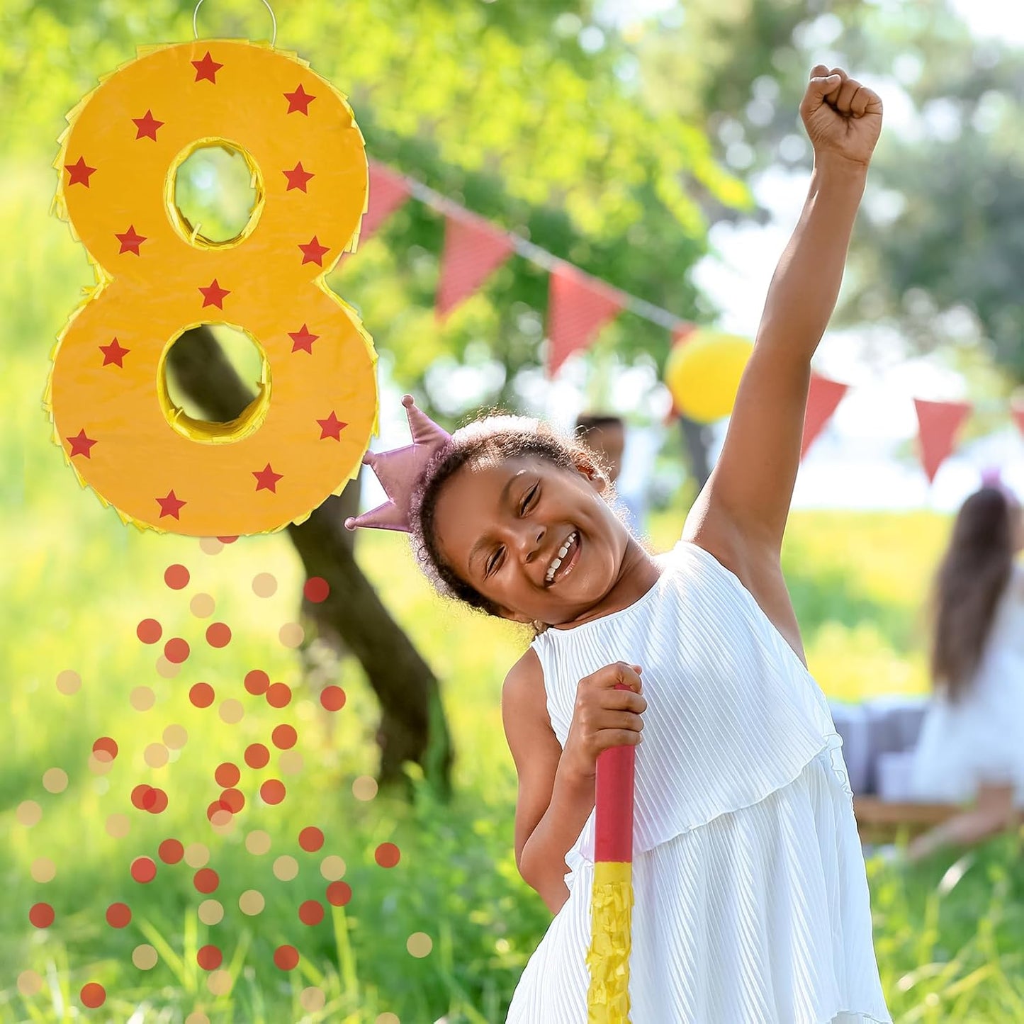 Orange and Red Star Number 8 Pinata, 16 Inch Piñata for 8th Birthday Party Decorations with Stick, Blindfold and Confetti (15.7 inch Number 8 Pinata)