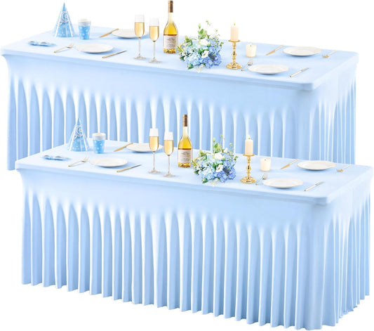 2 Pack Baby Blue Spandex Table Clothes for 6 Foot Rectangle Tables, 6FT Wrinkle Free Fitted Tablecloths Ruffles Design Table Cover for Party, Banquet, Wedding and Events