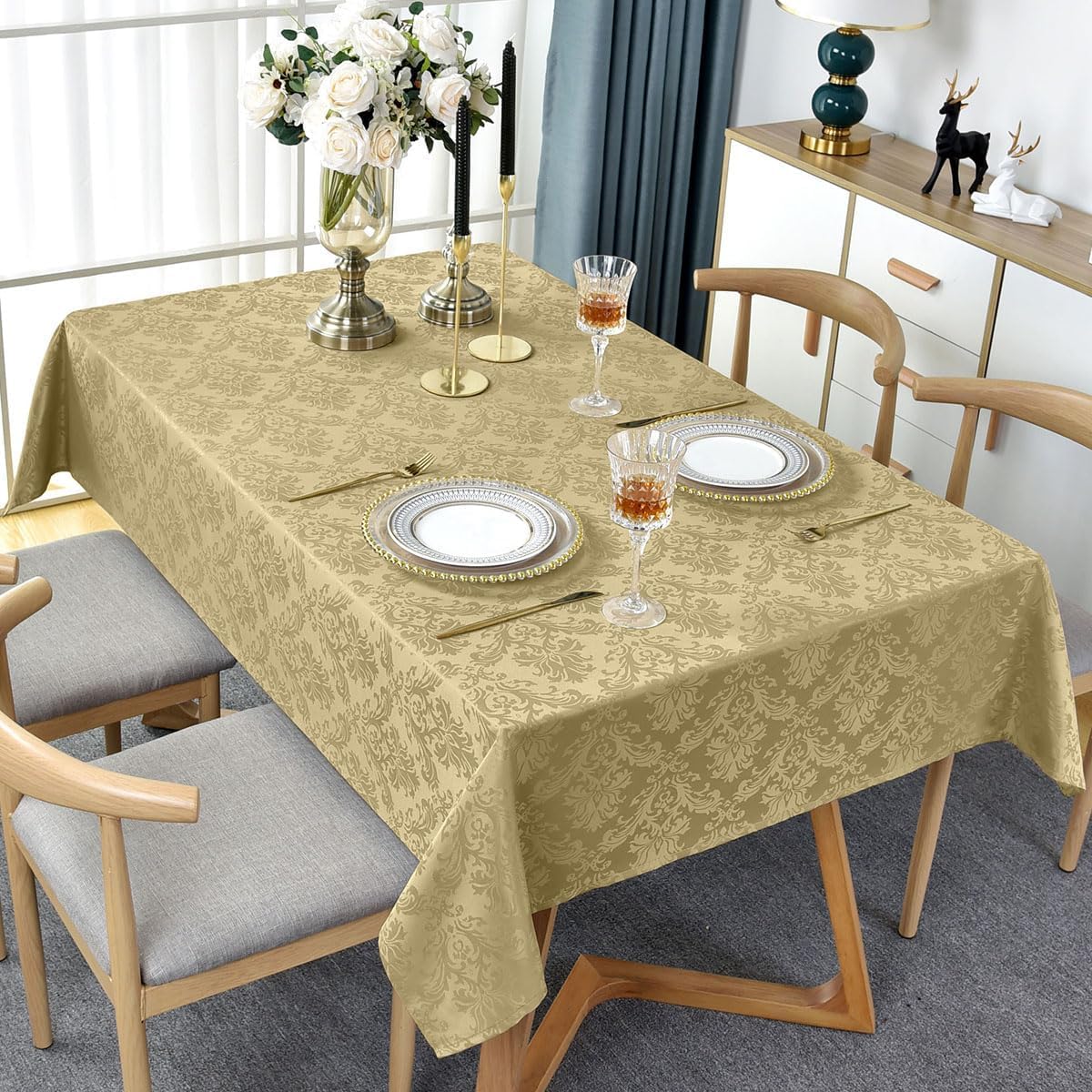 SASTYBALE Jacquard Tablecloth Square 52 x 52 Inch, Spill Proof Wrinkle Free Damask Table Cloth, Polyester Fabric Table Cover for Dining, Party, Indoor, Outdoor, Gold