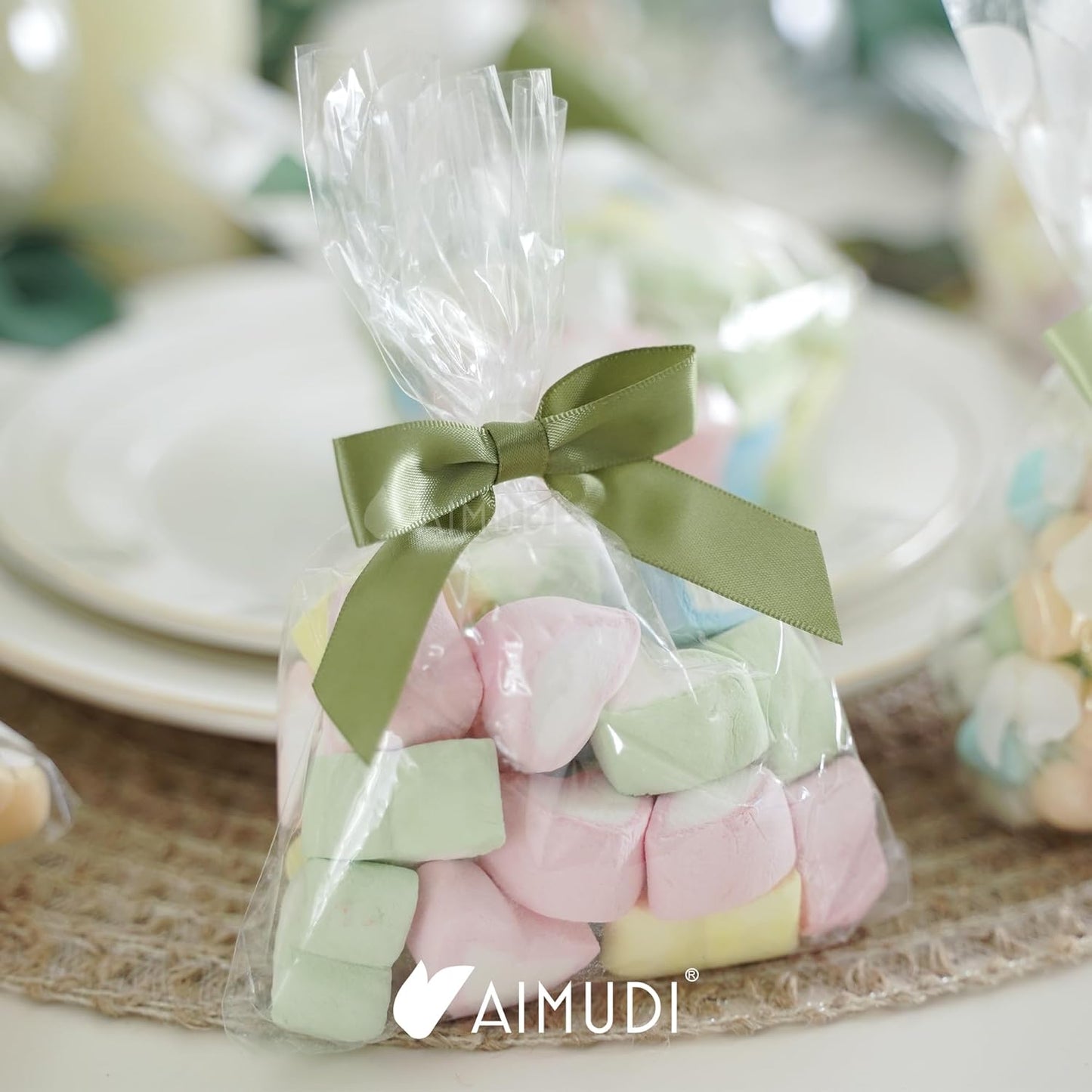 AIMUDI 5 Colors Sage Green Ribbon Bows 2.5" Satin Twist Tie Bows for Gift Wrapping Premade Satin Bow for Making Crafts Treat Bag Baby Shower Birthday Party Wedding Decoration, 50 PCs