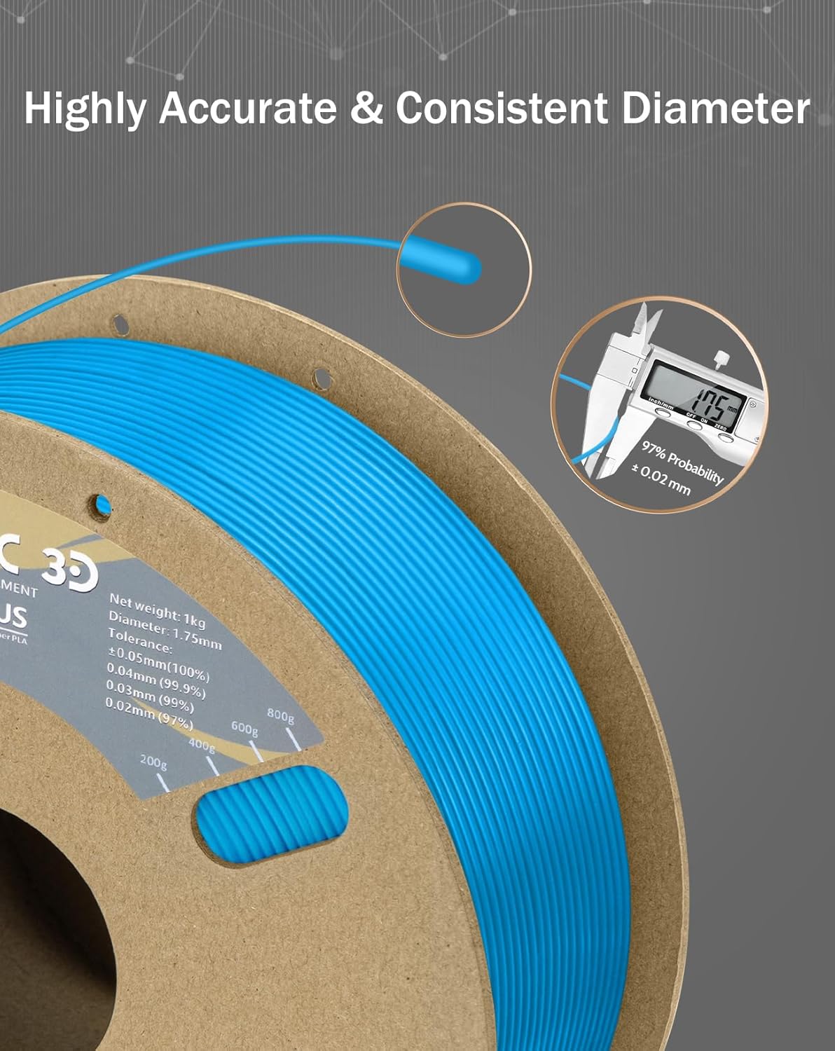 DURAMIC 3D PLA+ Filament 1.75mm 1Kg Electric Blue, PLA Plus Filament 1Kg Spool(2.2lbs) Tougher and Stronger, Dimensional Accuracy Probability +/- 0.02mm